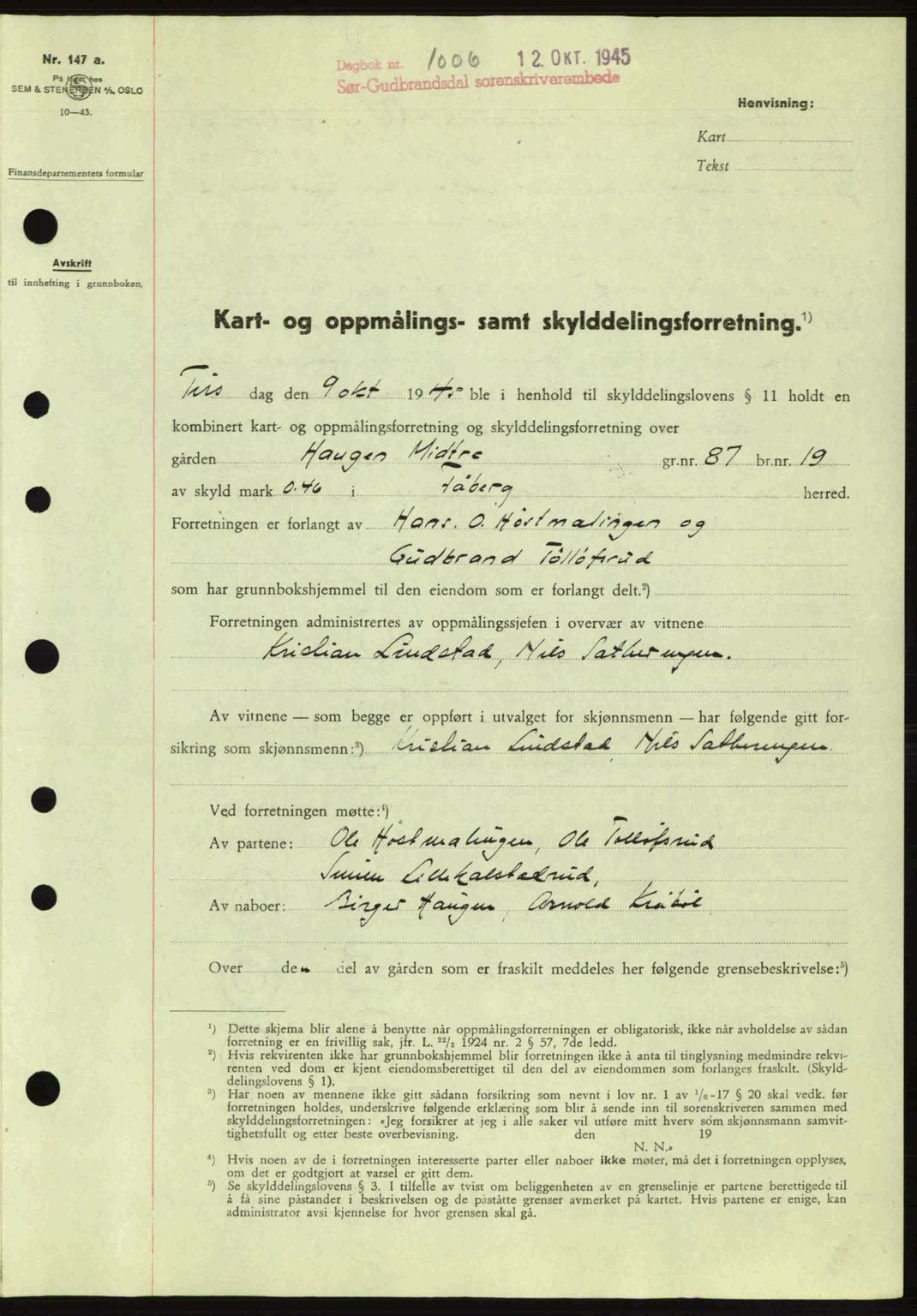 Sør-Gudbrandsdal tingrett, SAH/TING-004/H/Hb/Hbd/L0014: Pantebok nr. A14, 1944-1945, Dagboknr: 1006/1945