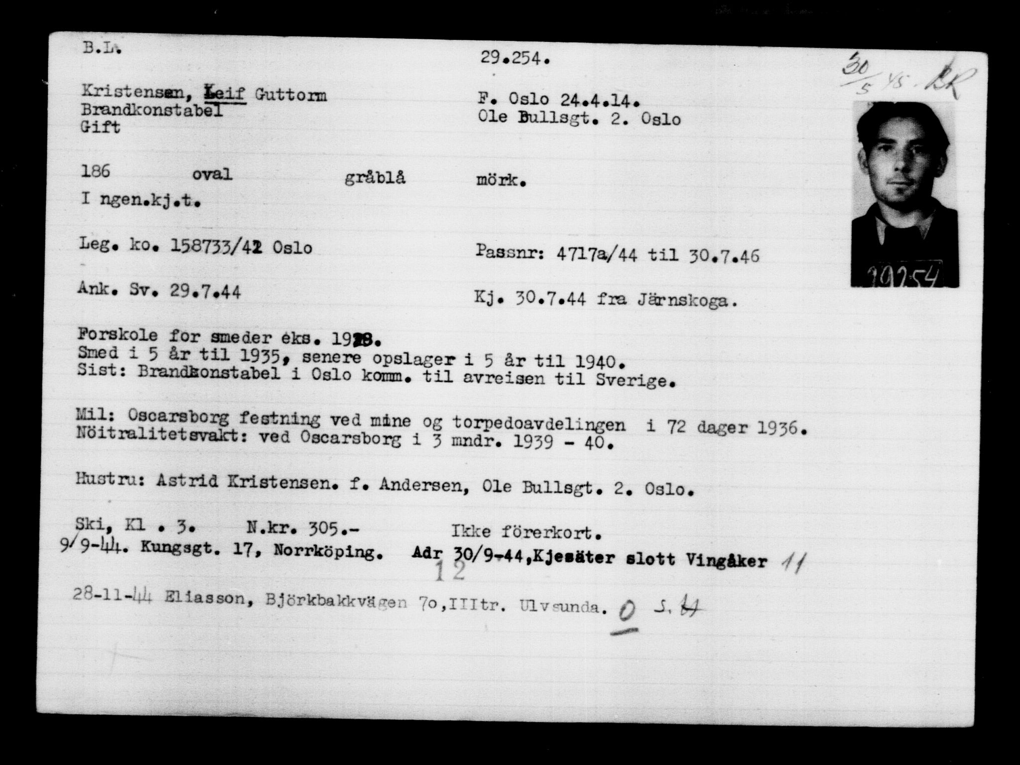 Utenriksstasjonene, Legasjonen i Stockholm, Flyktningkontoret, AV/RA-S-6753/V/Va/L0012: Kjesäterkartoteket, flyktninger med registreringsnr. 28300-31566, 1940-1945, s. 1043