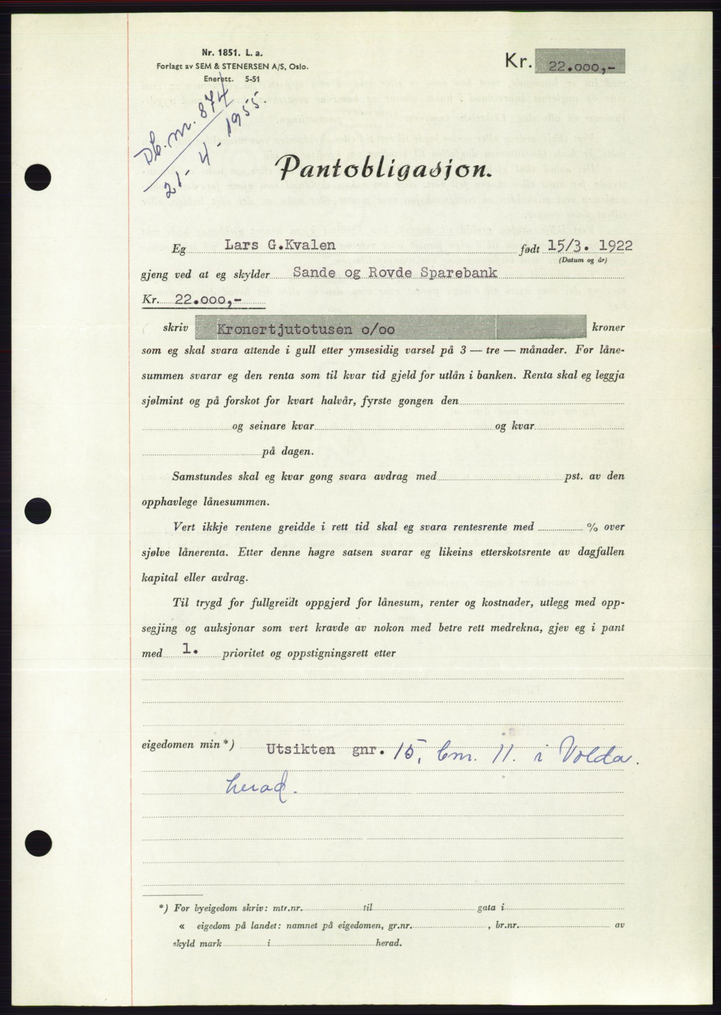 Søre Sunnmøre sorenskriveri, AV/SAT-A-4122/1/2/2C/L0126: Pantebok nr. 14B, 1954-1955, Dagboknr: 874/1955