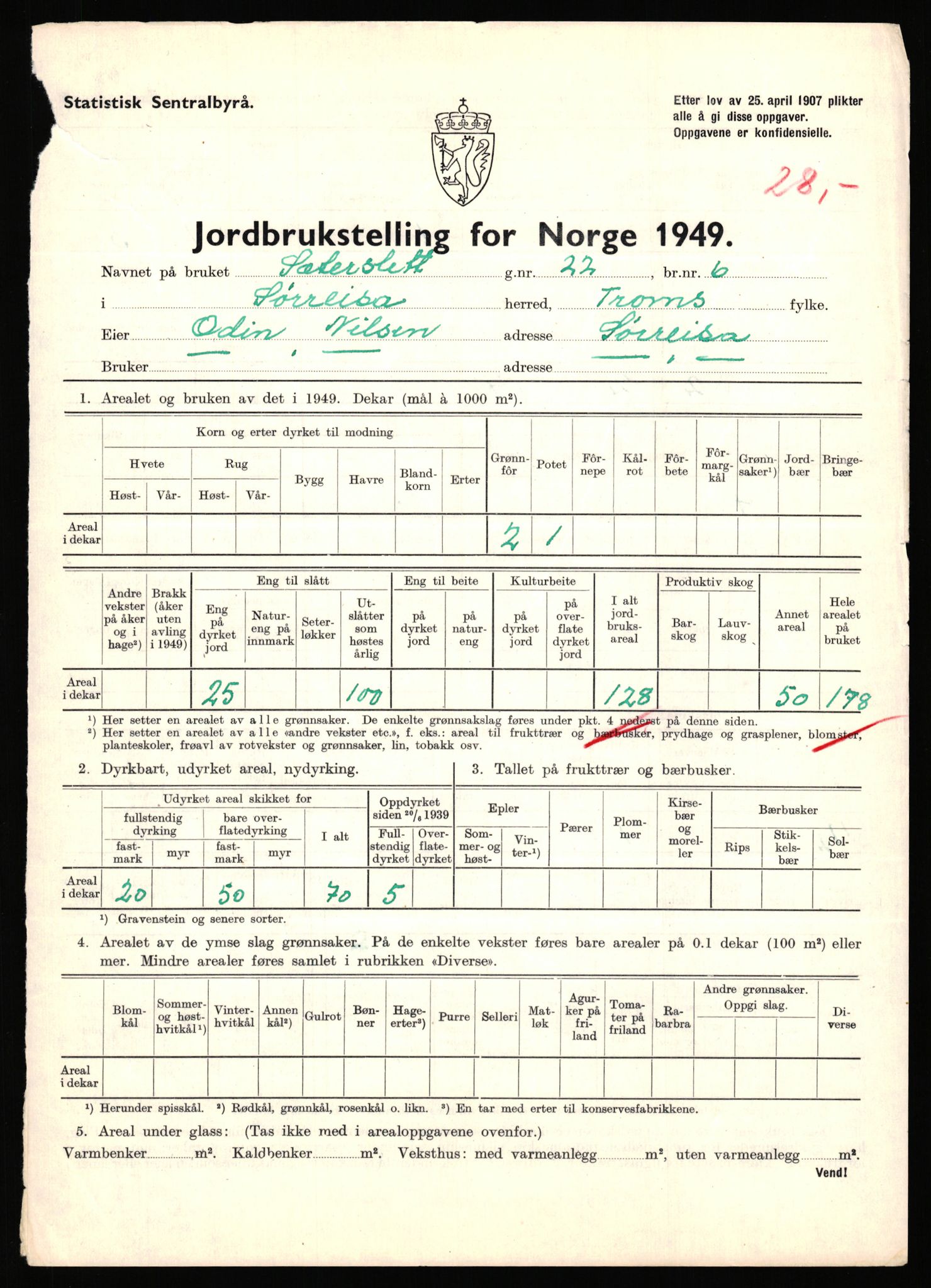 Statistisk sentralbyrå, Næringsøkonomiske emner, Jordbruk, skogbruk, jakt, fiske og fangst, AV/RA-S-2234/G/Gc/L0440: Troms: Sørreisa og Dyrøy, 1949, s. 882