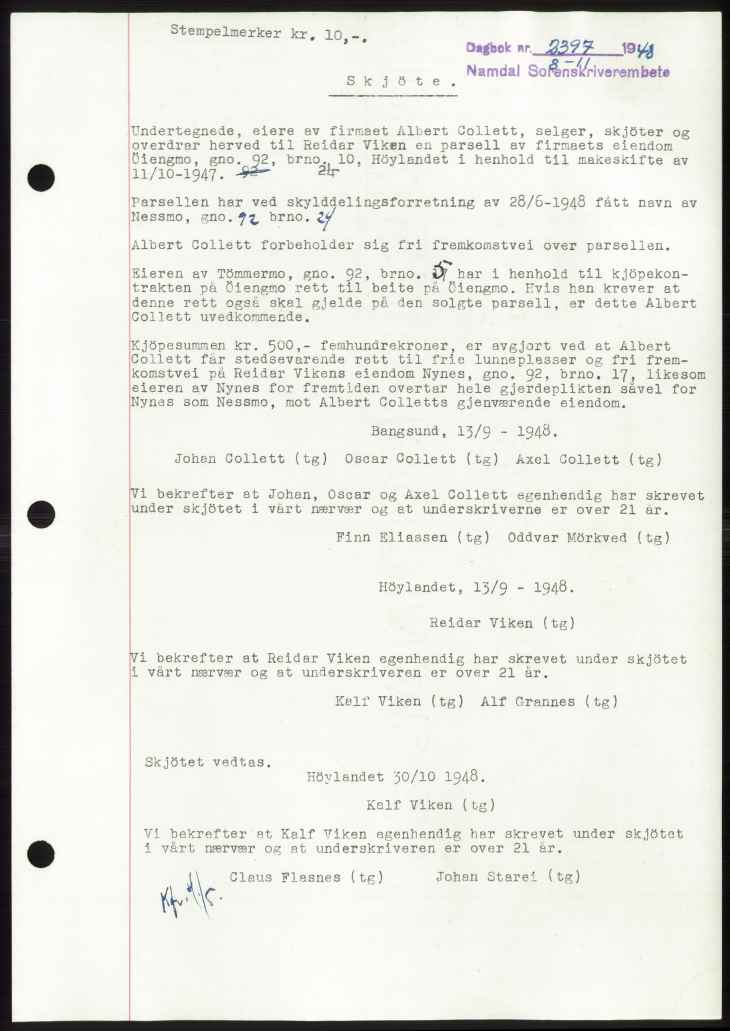 Namdal sorenskriveri, SAT/A-4133/1/2/2C: Pantebok nr. -, 1948-1948, Dagboknr: 2397/1948