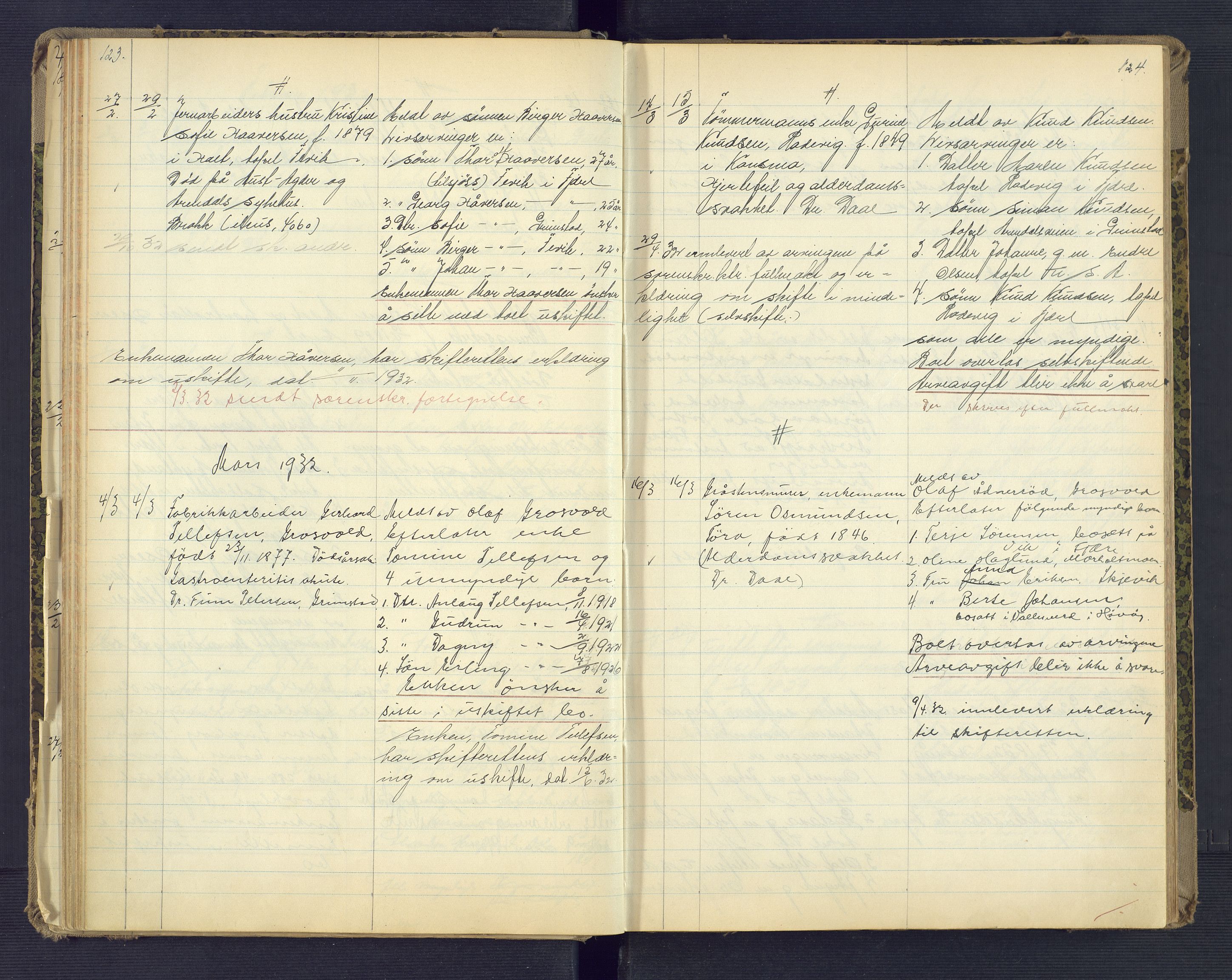 Landvik og Fjære lensmannskontor, AV/SAK-1241-0027/F/Fe/L0003: Anmeldte dødsfall nr 32, 1926-1935, s. 123-124