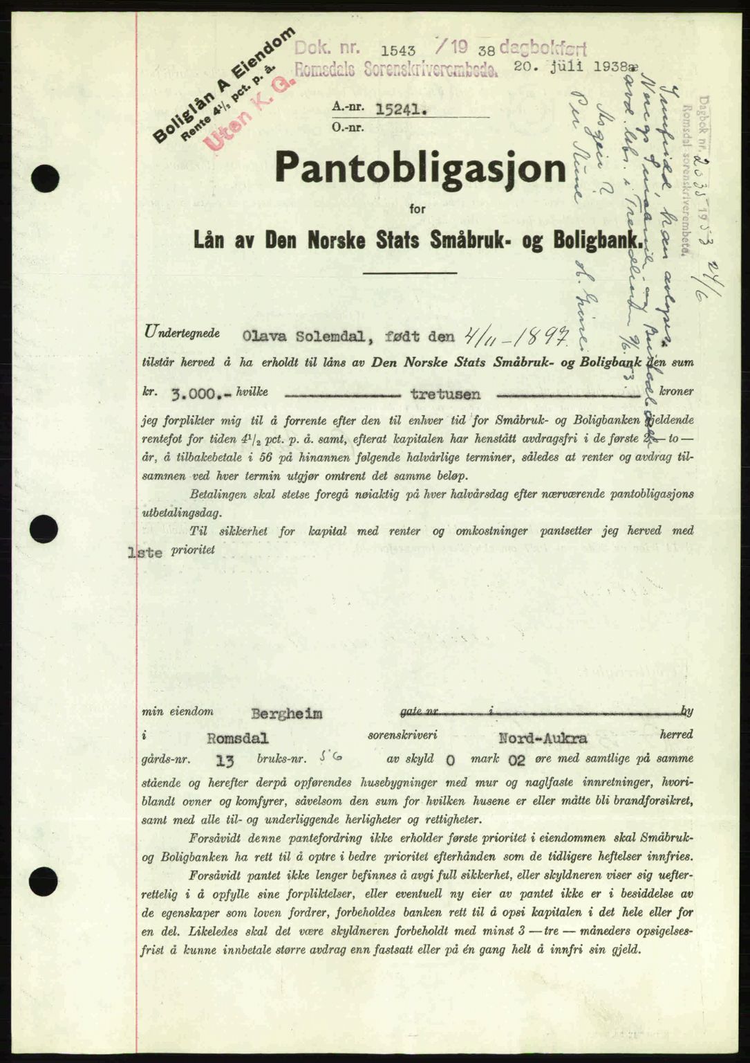 Romsdal sorenskriveri, SAT/A-4149/1/2/2C: Pantebok nr. B1, 1936-1939, Dagboknr: 1543/1938