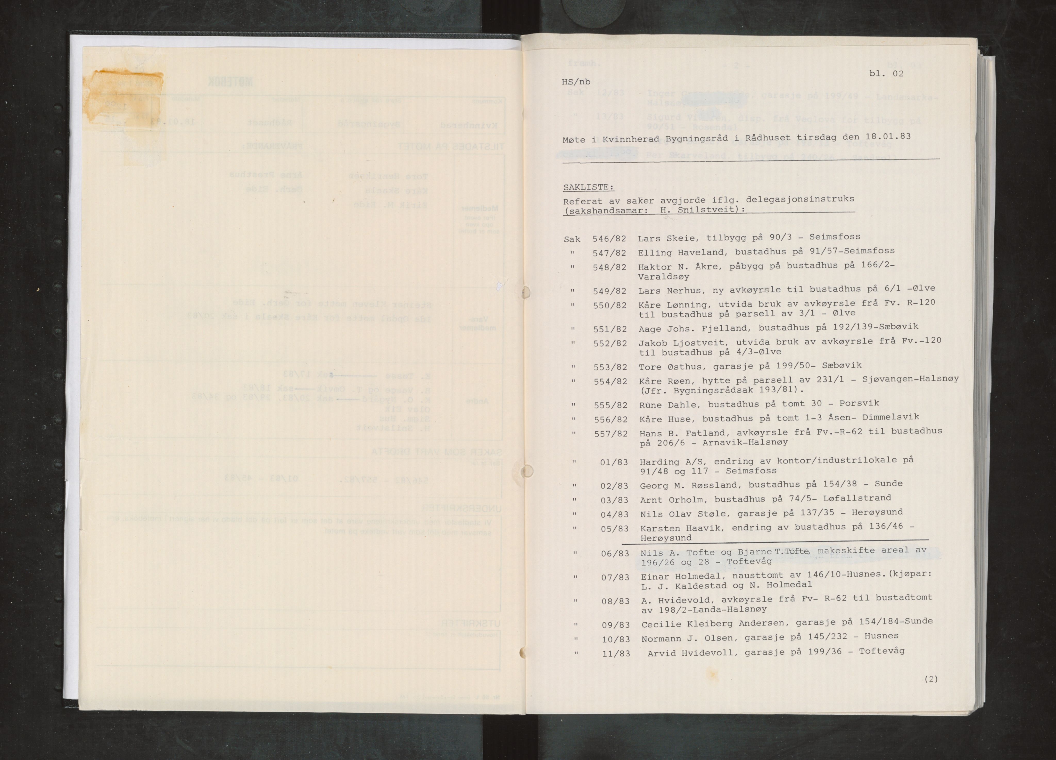 Kvinnherad kommune. Bygningsrådet , IKAH/1224-511/A/Aa/L0033: Møtebøker for bygningsrådet , 1983