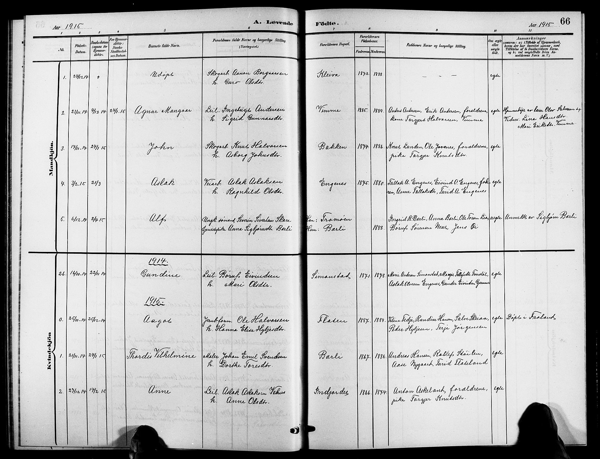 Åmli sokneprestkontor, SAK/1111-0050/F/Fb/Fbc/L0005: Klokkerbok nr. B 5, 1903-1916, s. 66