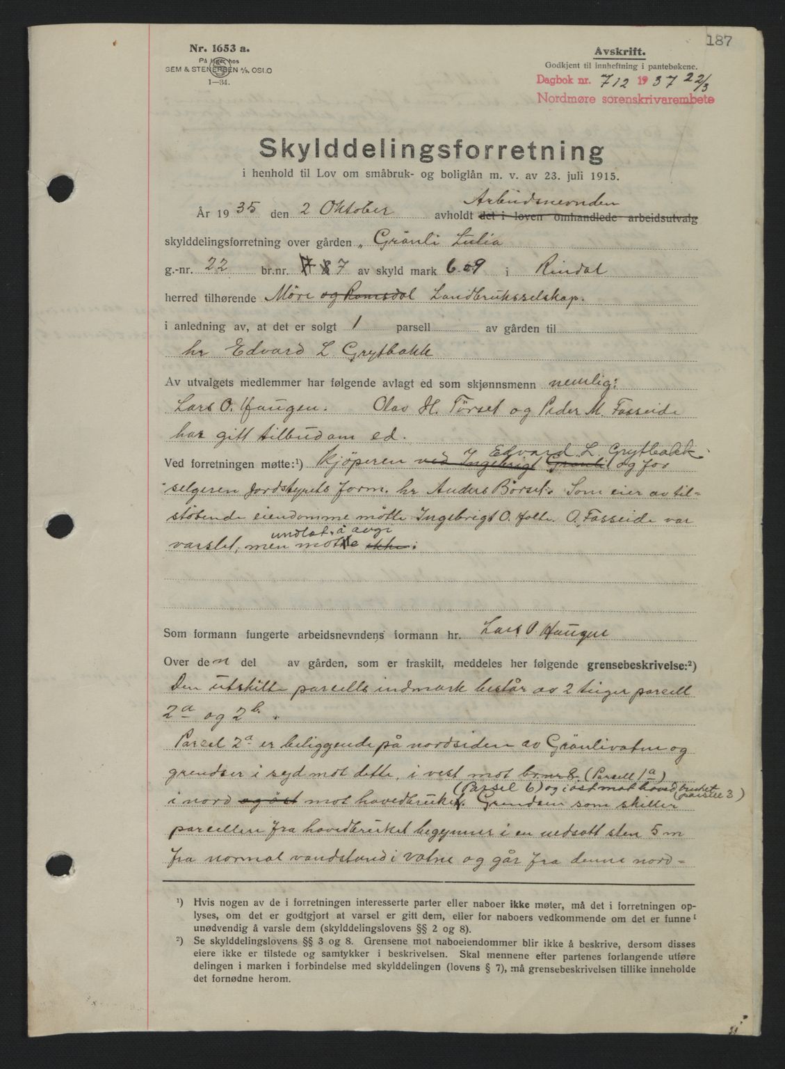 Nordmøre sorenskriveri, SAT/A-4132/1/2/2Ca: Pantebok nr. A81, 1937-1937, Dagboknr: 712/1937