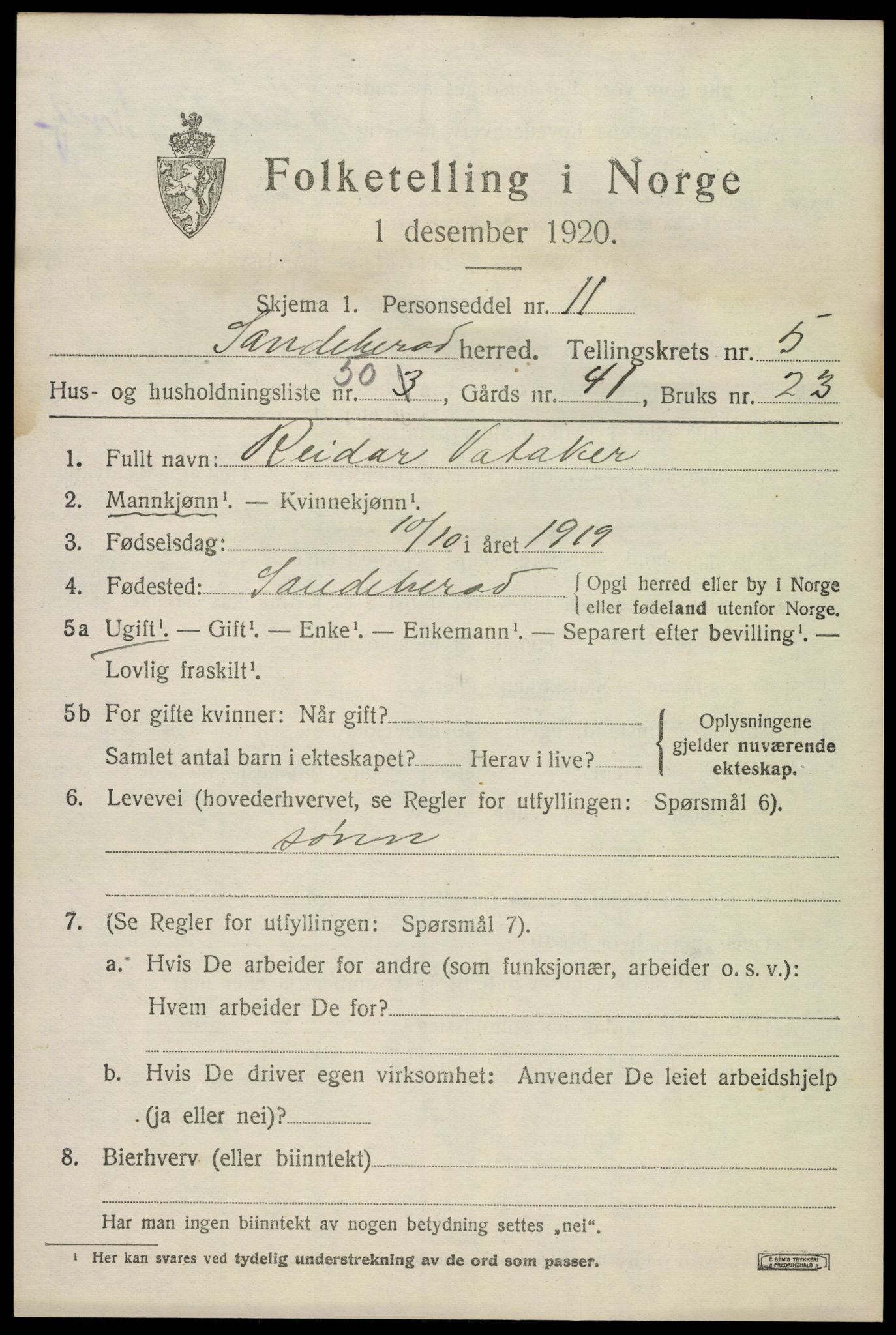 SAKO, Folketelling 1920 for 0724 Sandeherred herred, 1920, s. 8664