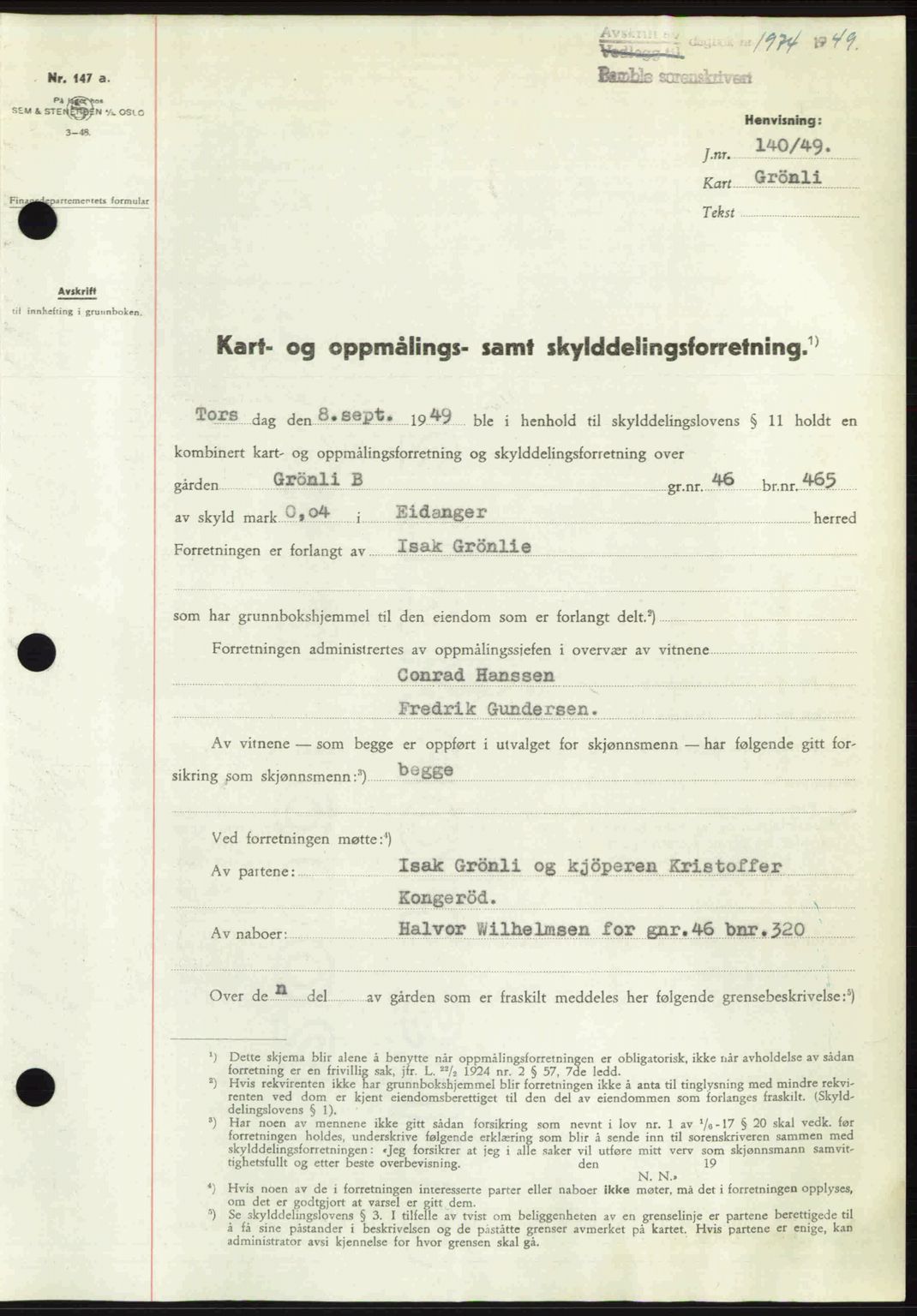 Bamble sorenskriveri, SAKO/A-214/G/Ga/Gag/L0015: Pantebok nr. A-15, 1949-1949, Dagboknr: 1974/1949