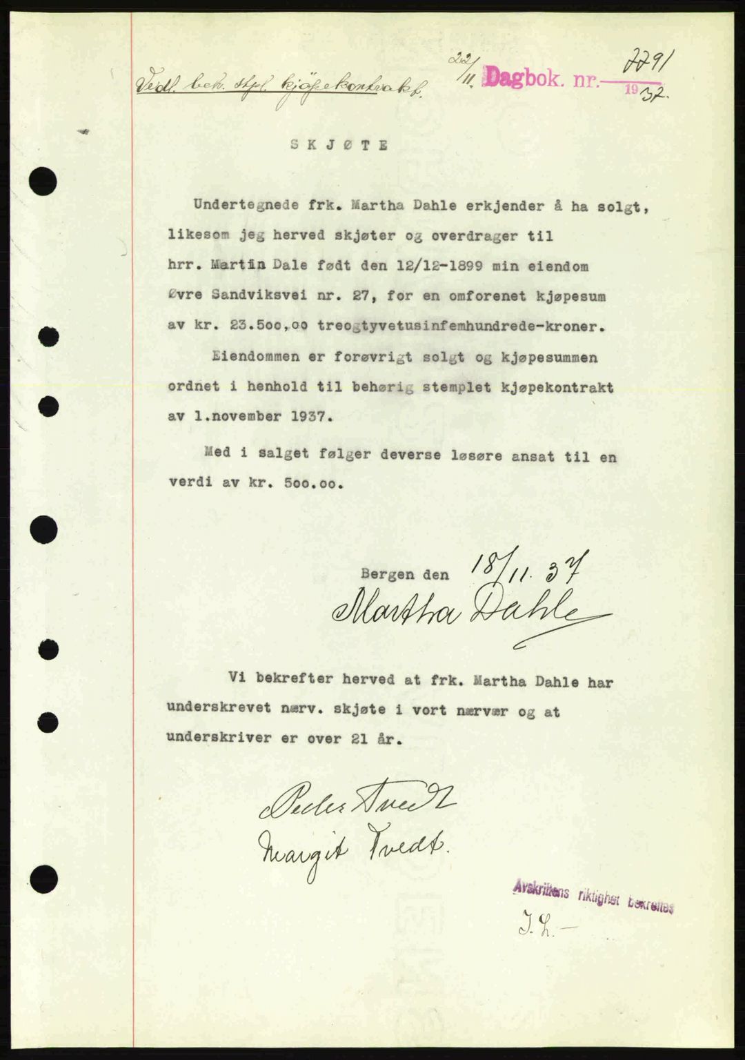 Byfogd og Byskriver i Bergen, SAB/A-3401/03/03Bc/L0006: Pantebok nr. A5, 1937-1938, Dagboknr: 7791/1937