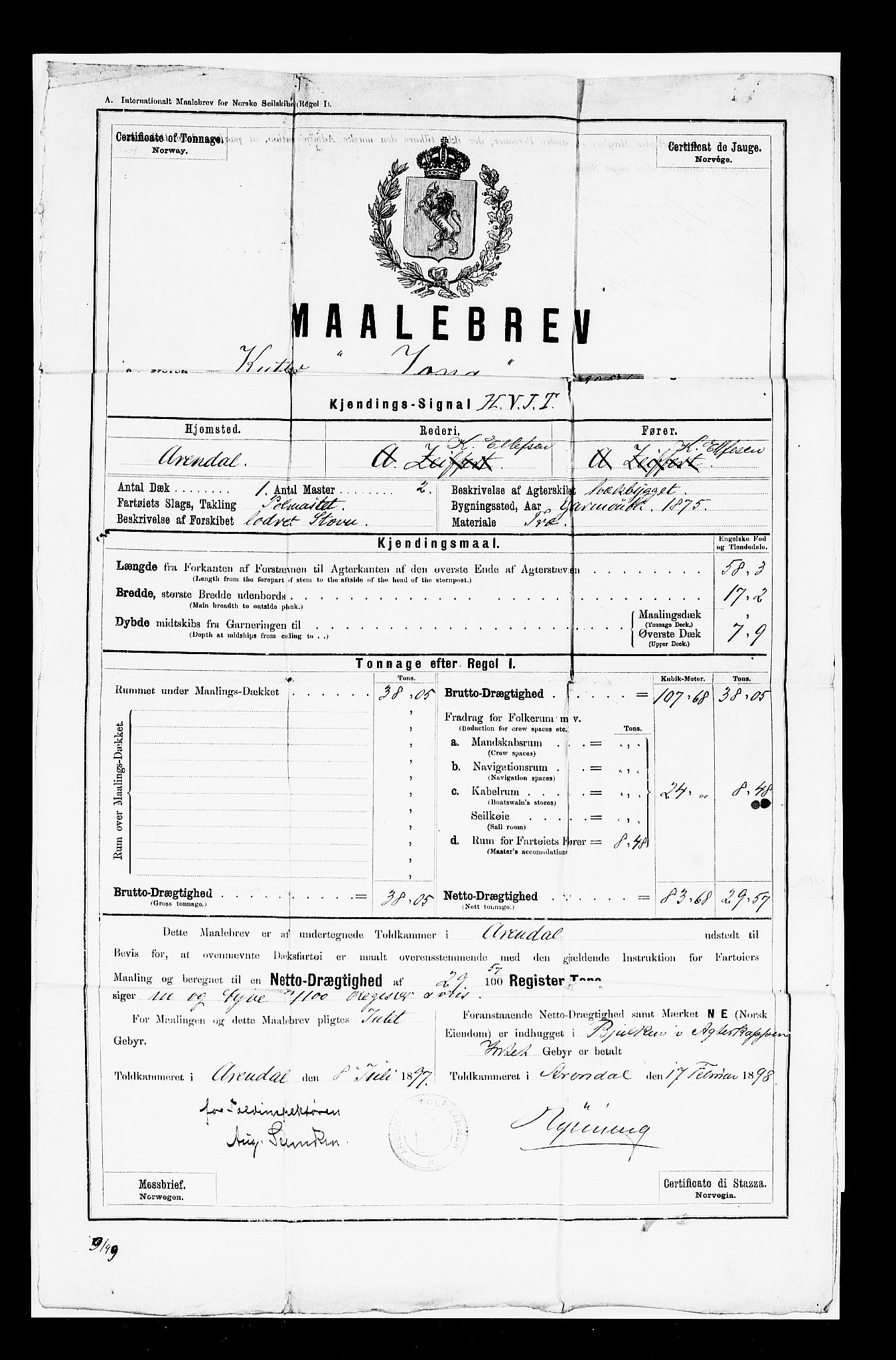 Arendal tollsted, AV/SAK-1351-0003/H/Ha/L0896: Legitimasjonsbevis for fartøyer i innenriksfart, 1886-1948, s. 371