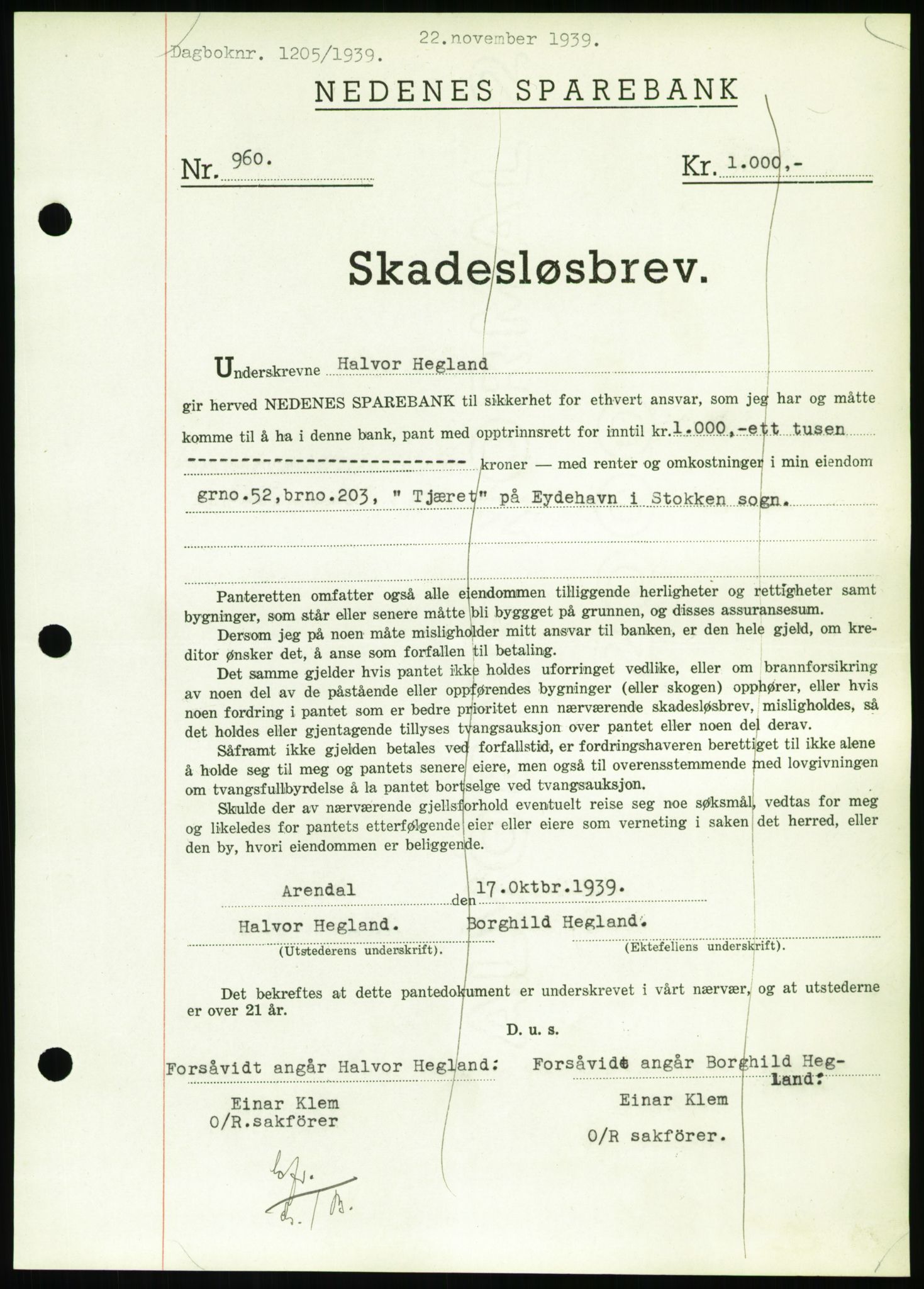 Nedenes sorenskriveri, SAK/1221-0006/G/Gb/Gbb/L0001: Pantebok nr. I, 1939-1942, Dagboknr: 1205/1939