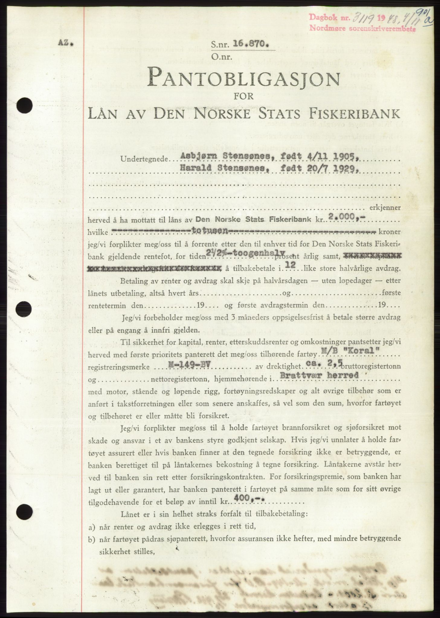 Nordmøre sorenskriveri, SAT/A-4132/1/2/2Ca: Pantebok nr. B99, 1948-1948, Dagboknr: 3119/1948