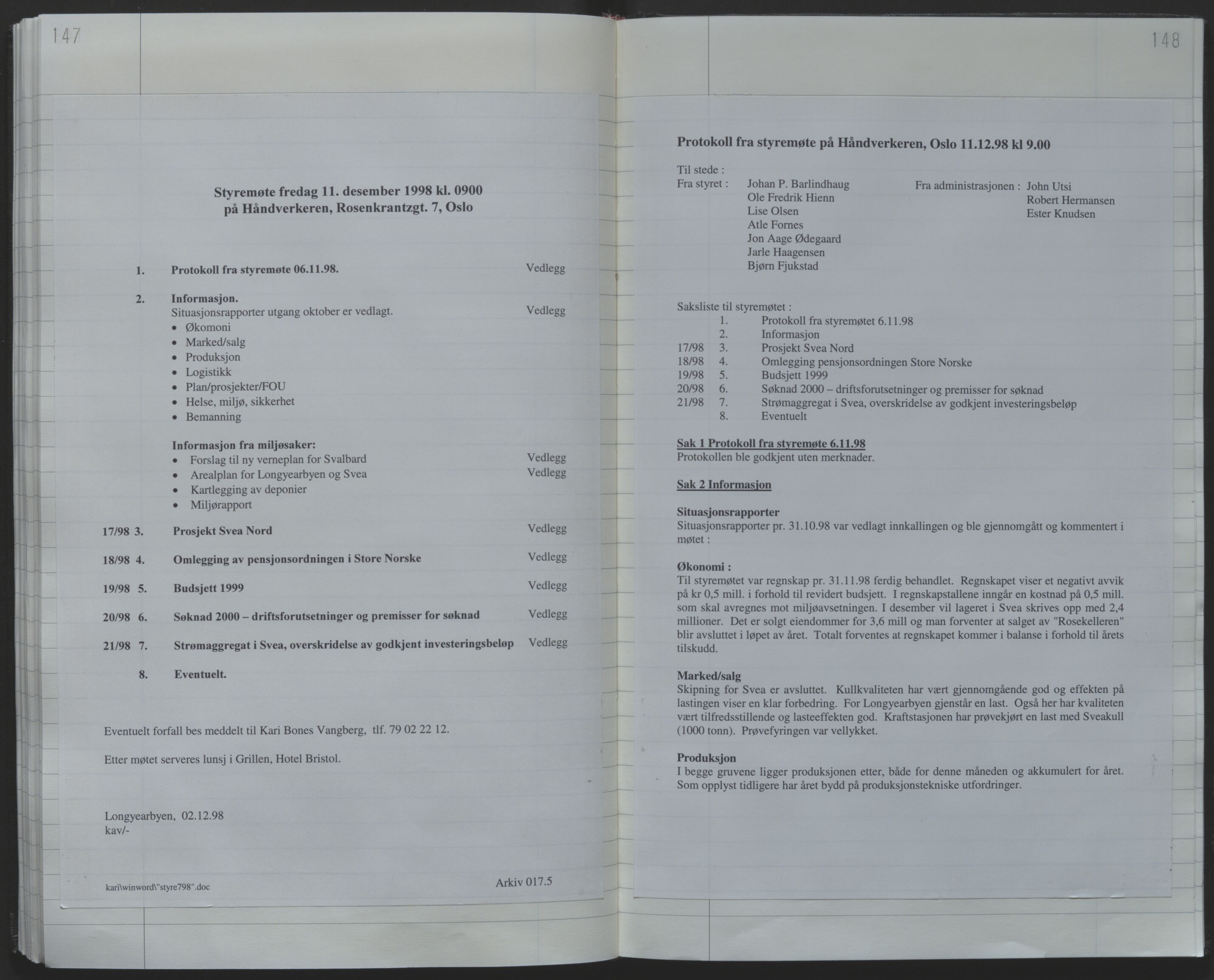 Store Norske Spitsbergen Kulkompani A/S, AV/SATØ-P-0073/09/A/Ab/Aba/L0004: Styreprotokoll 9, 1994-2000, s. 147-148