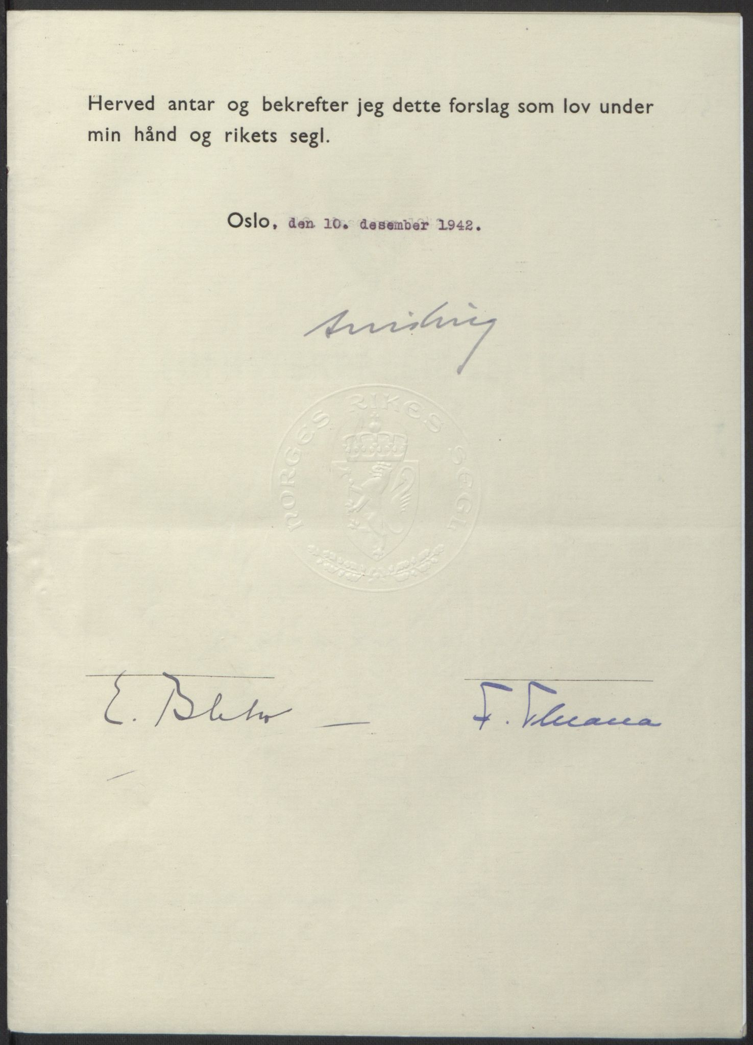 NS-administrasjonen 1940-1945 (Statsrådsekretariatet, de kommisariske statsråder mm), AV/RA-S-4279/D/Db/L0098: Lover II, 1942, s. 561