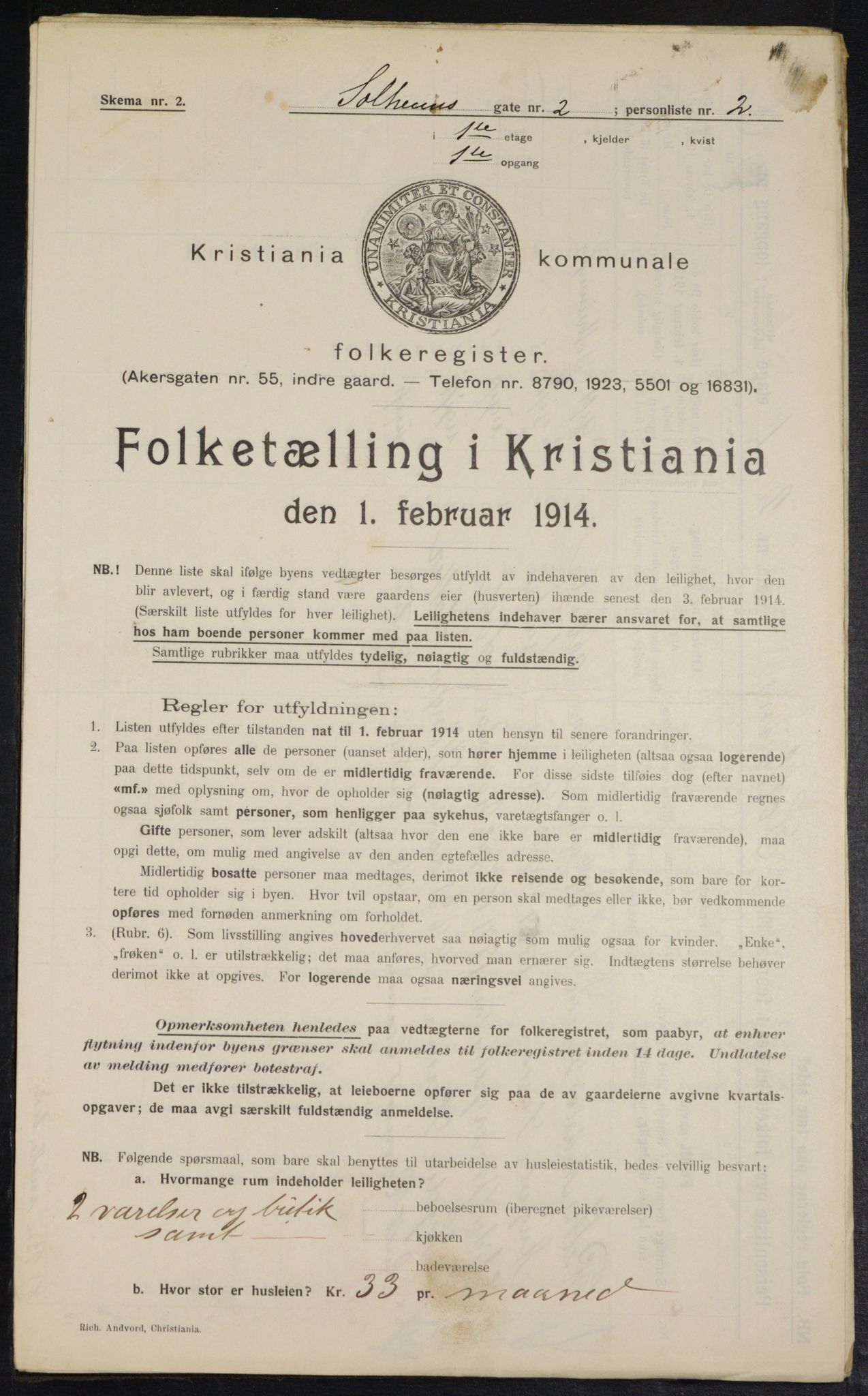 OBA, Kommunal folketelling 1.2.1914 for Kristiania, 1914, s. 99392