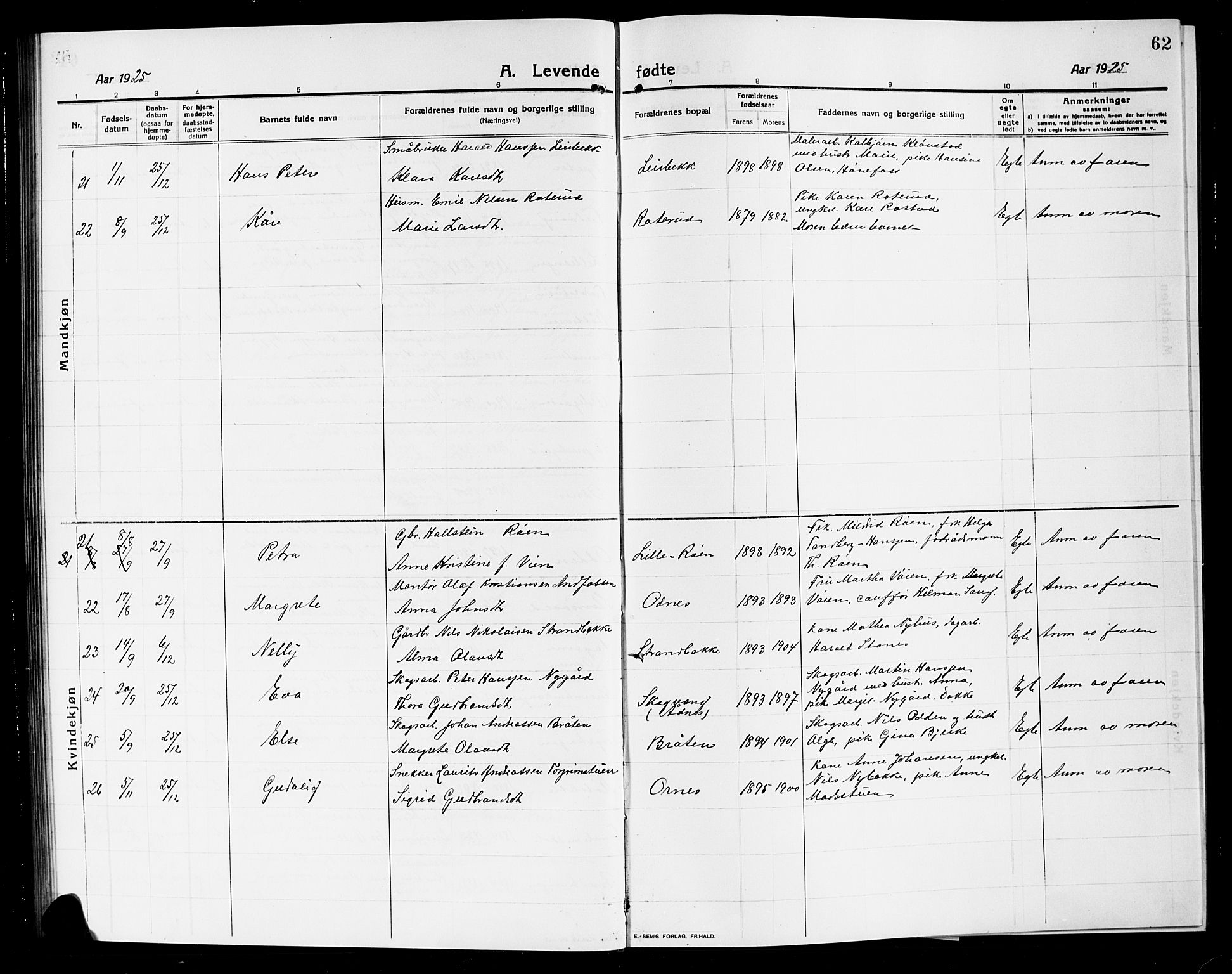 Søndre Land prestekontor, AV/SAH-PREST-122/L/L0006: Klokkerbok nr. 6, 1912-1925, s. 62
