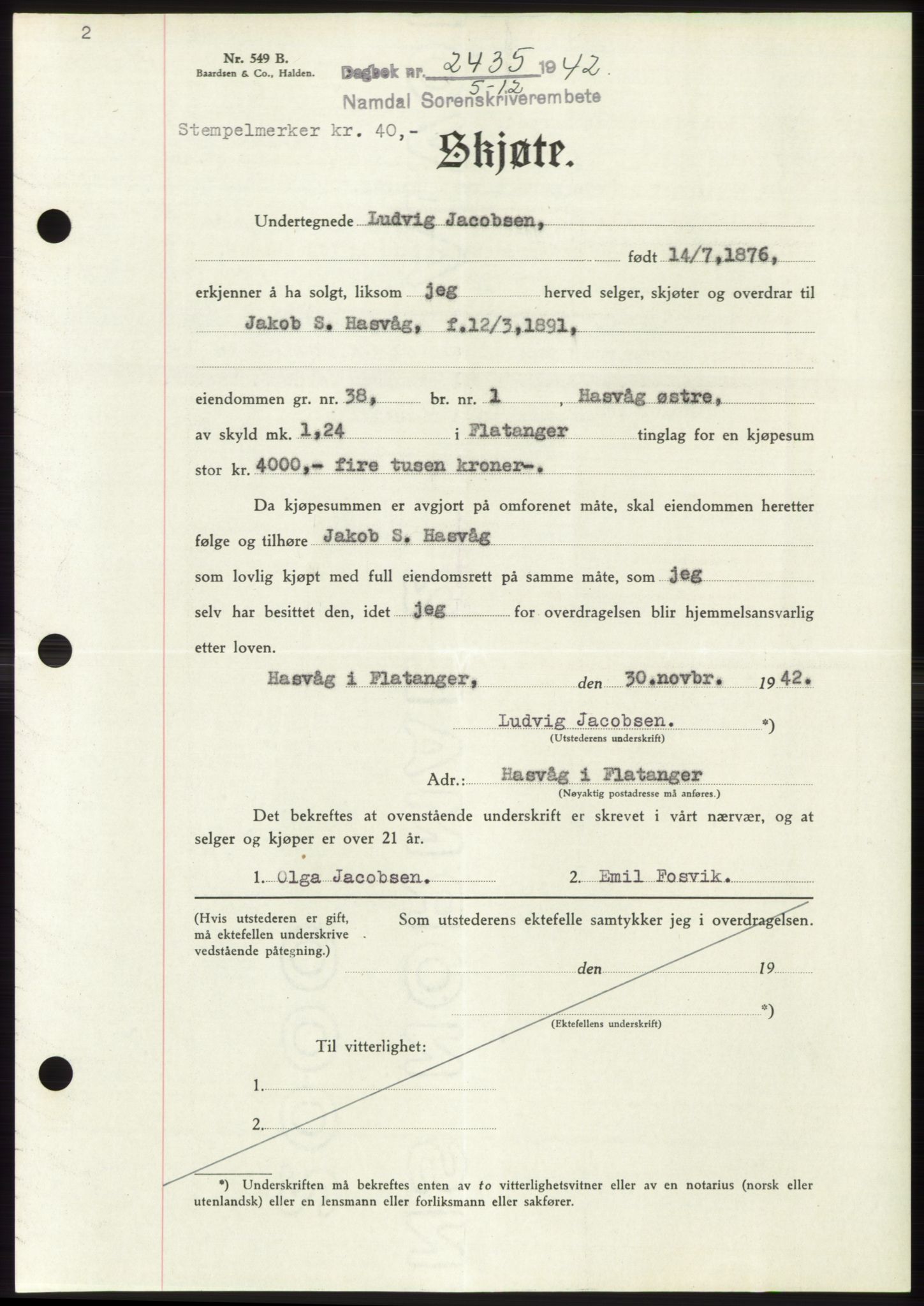 Namdal sorenskriveri, SAT/A-4133/1/2/2C: Pantebok nr. -, 1942-1943, Dagboknr: 2435/1942
