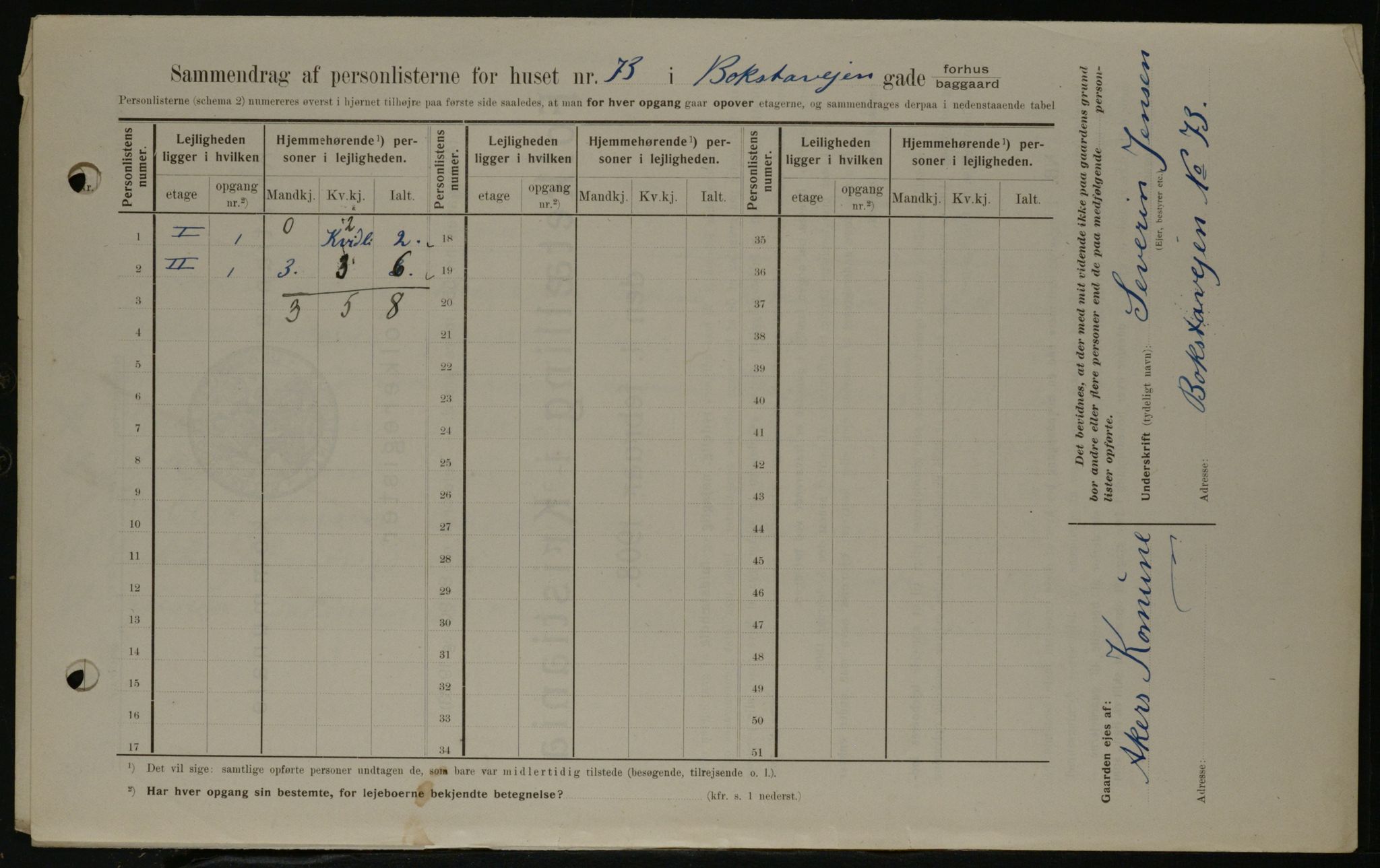 OBA, Kommunal folketelling 1.2.1908 for Kristiania kjøpstad, 1908, s. 7398