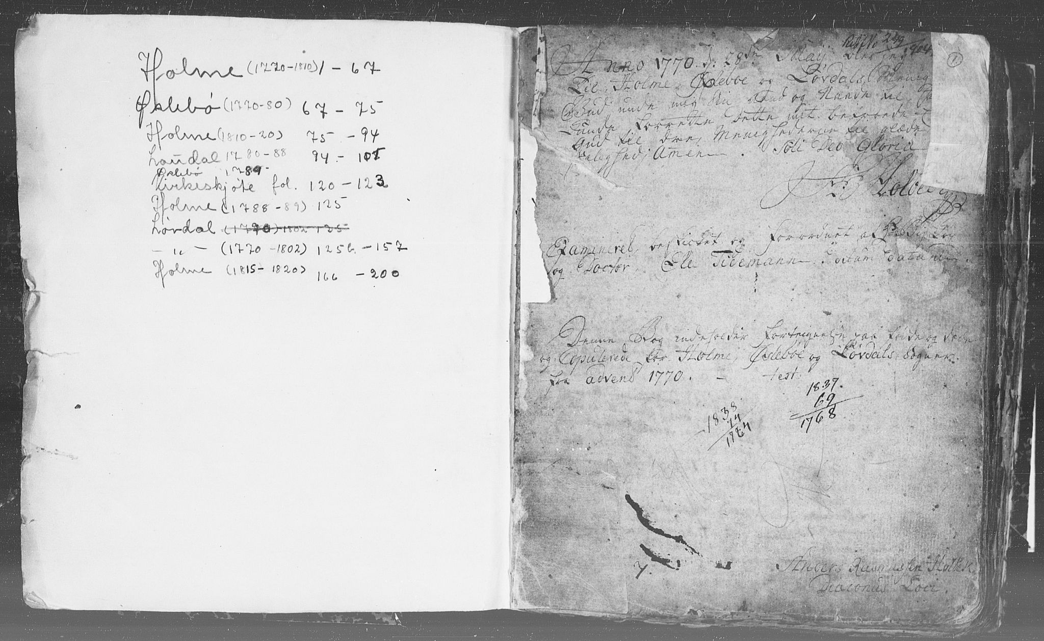 Holum sokneprestkontor, SAK/1111-0022/F/Fb/Fba/L0001: Klokkerbok nr. B 1 /1, 1770-1820, s. 1