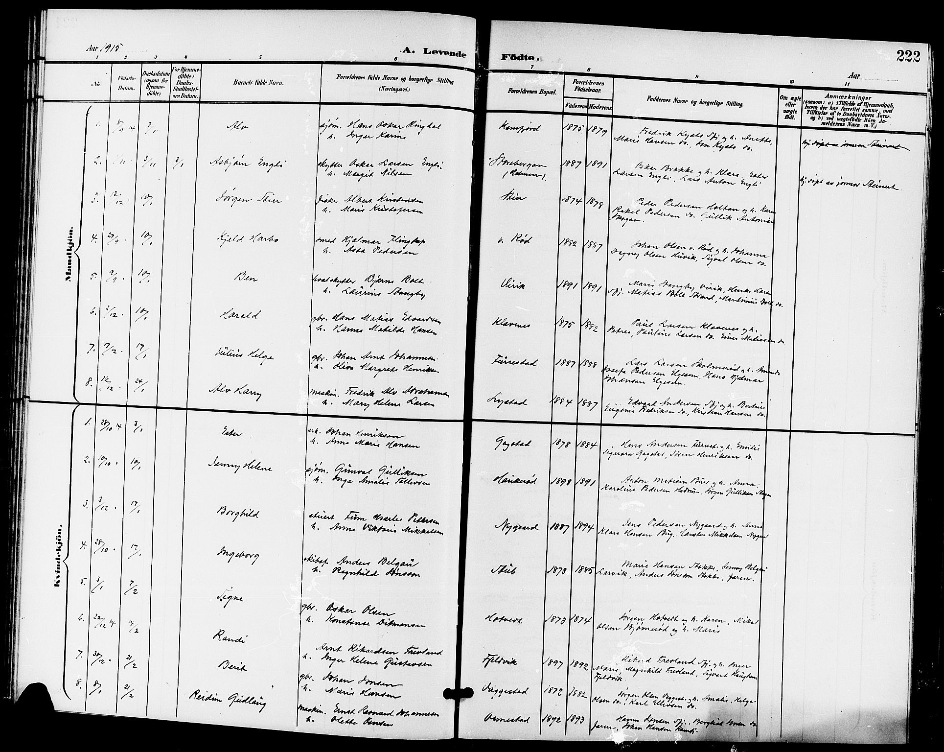 Sandar kirkebøker, AV/SAKO-A-243/G/Ga/L0002: Klokkerbok nr. 2, 1900-1915, s. 222