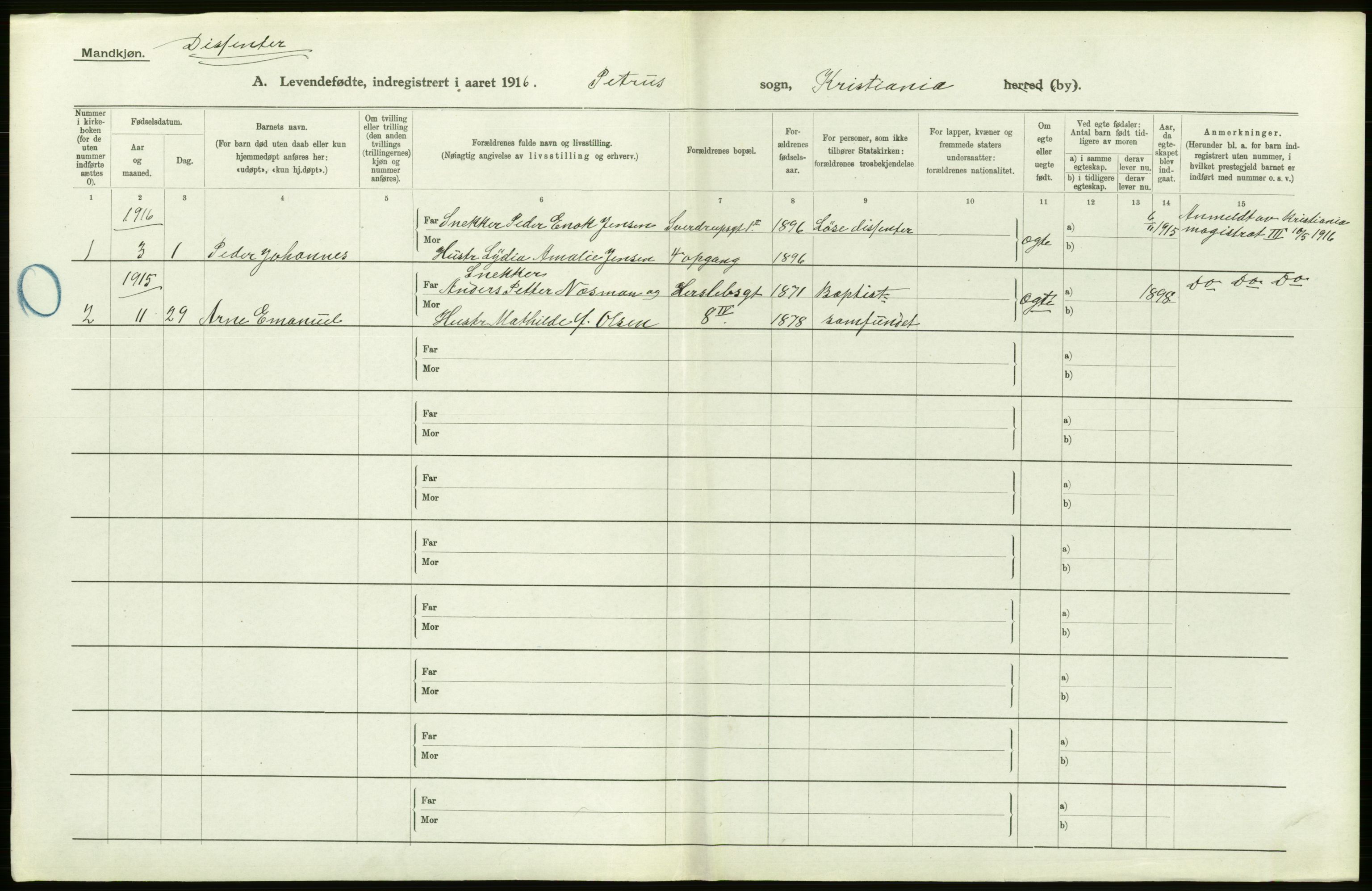 Statistisk sentralbyrå, Sosiodemografiske emner, Befolkning, AV/RA-S-2228/D/Df/Dfb/Dfbf/L0006: Kristiania: Levendefødte menn og kvinner., 1916, s. 594