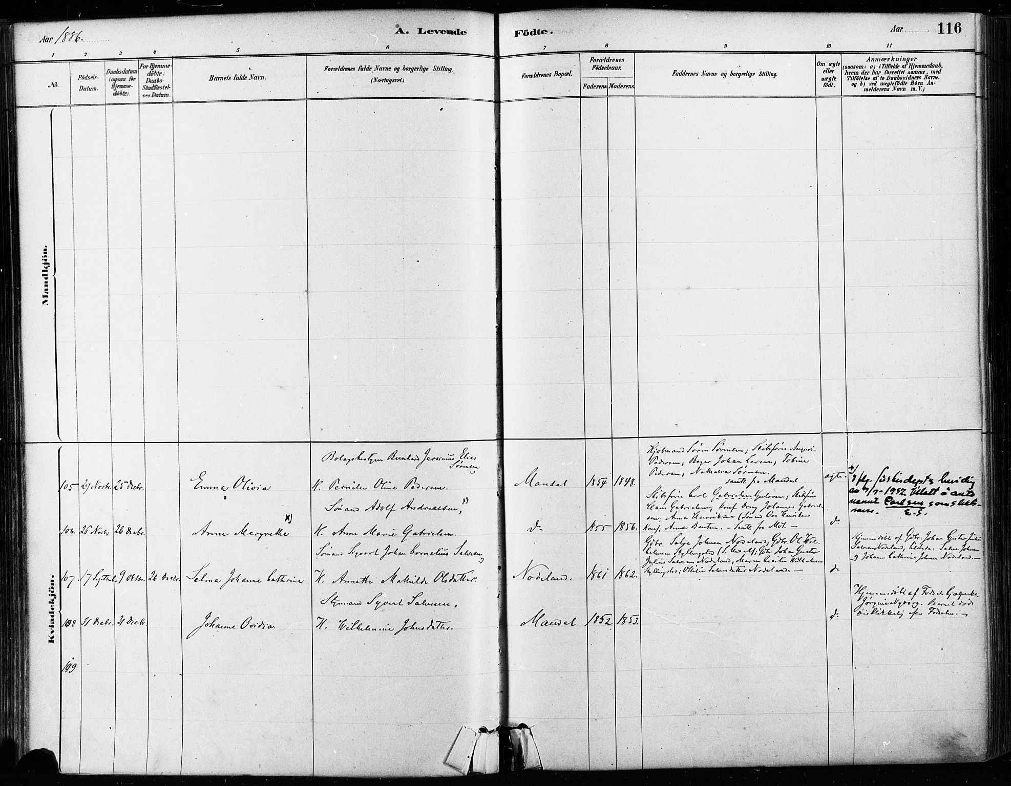Mandal sokneprestkontor, SAK/1111-0030/F/Fa/Faa/L0016: Ministerialbok nr. A 16, 1880-1890, s. 116