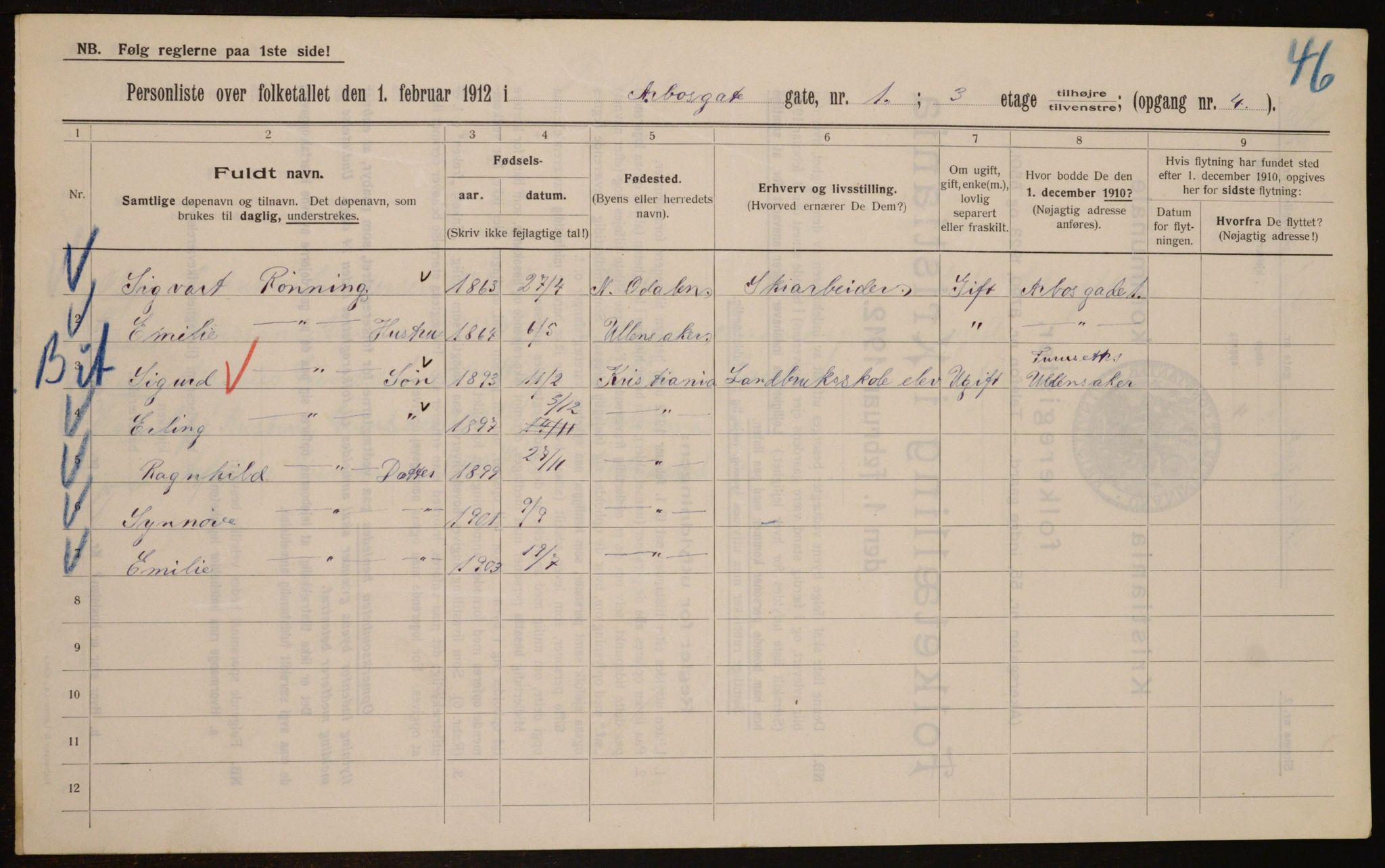 OBA, Kommunal folketelling 1.2.1912 for Kristiania, 1912, s. 1644