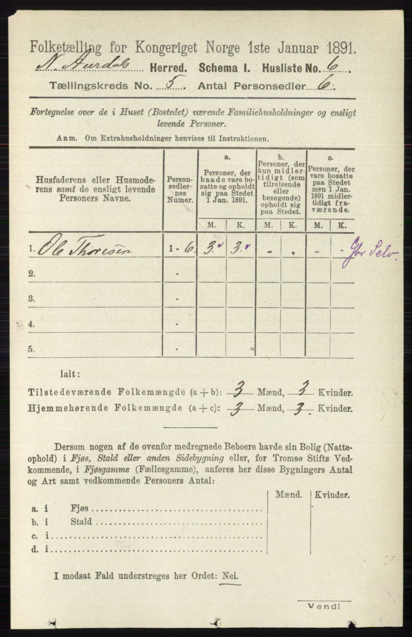 RA, Folketelling 1891 for 0542 Nord-Aurdal herred, 1891, s. 1247