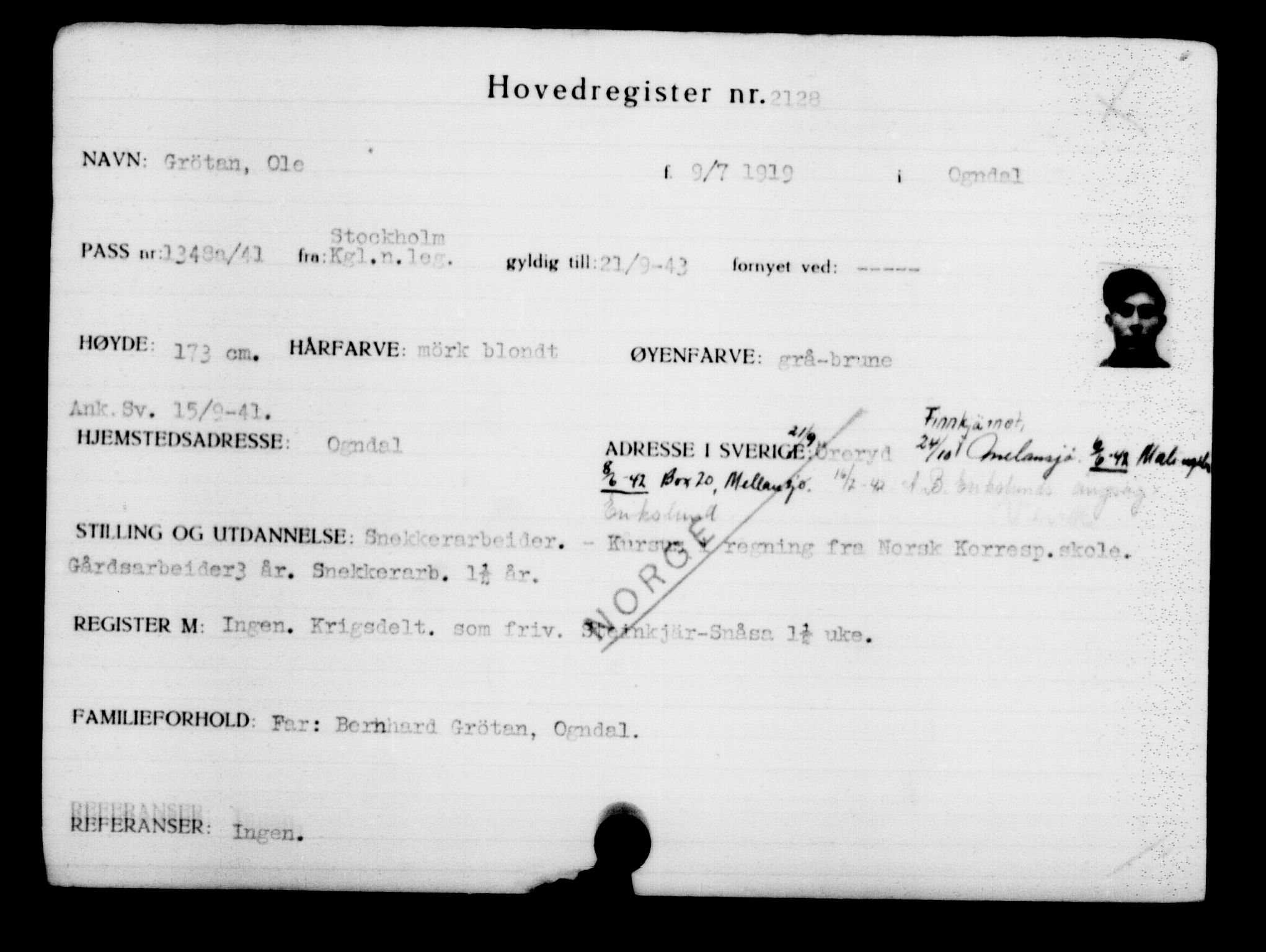 Utenriksstasjonene, Legasjonen i Stockholm, Flyktningkontoret, AV/RA-S-6753/V/Va/L0003: Kjesäterkartoteket, flyktninger med registreringsnr. 2001-3495, 1940-1945, s. 177