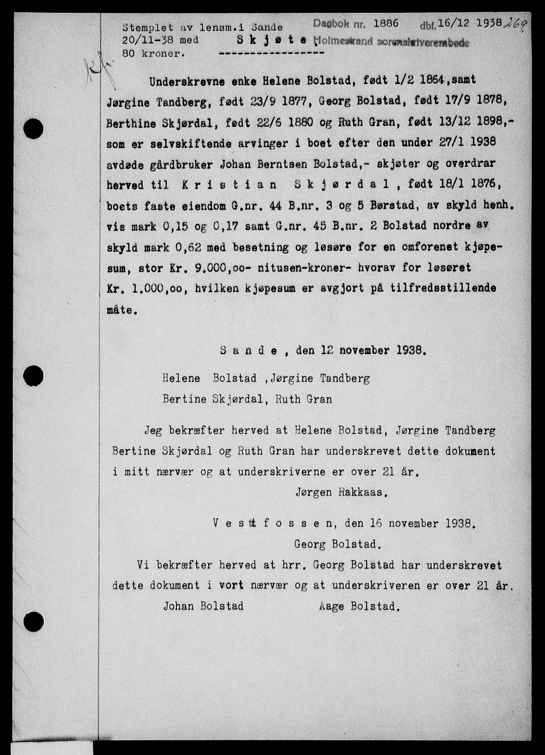 Holmestrand sorenskriveri, SAKO/A-67/G/Ga/Gaa/L0050: Pantebok nr. A-50, 1938-1939, Dagboknr: 1886/1938