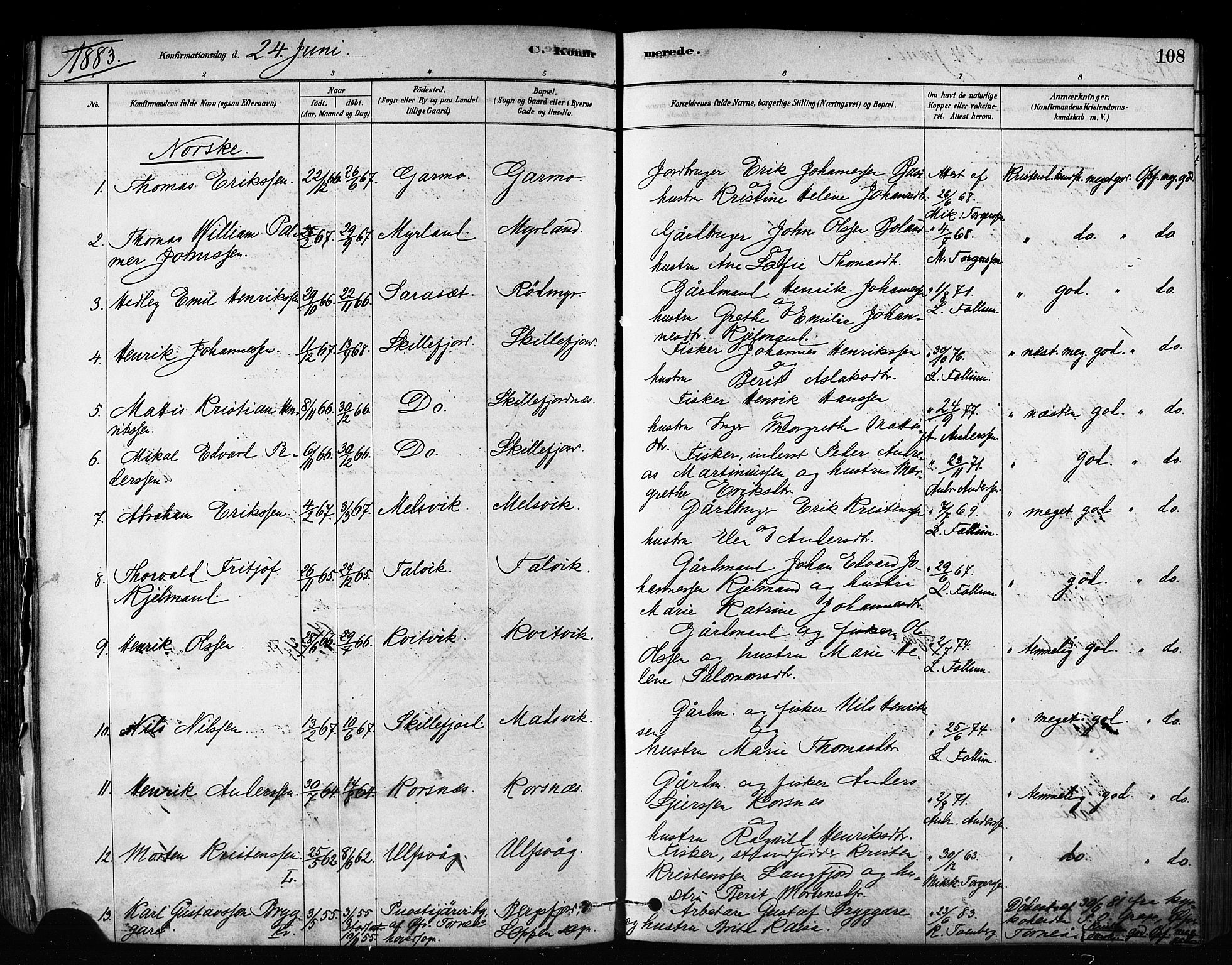 Talvik sokneprestkontor, AV/SATØ-S-1337/H/Ha/L0012kirke: Ministerialbok nr. 12, 1878-1886, s. 108
