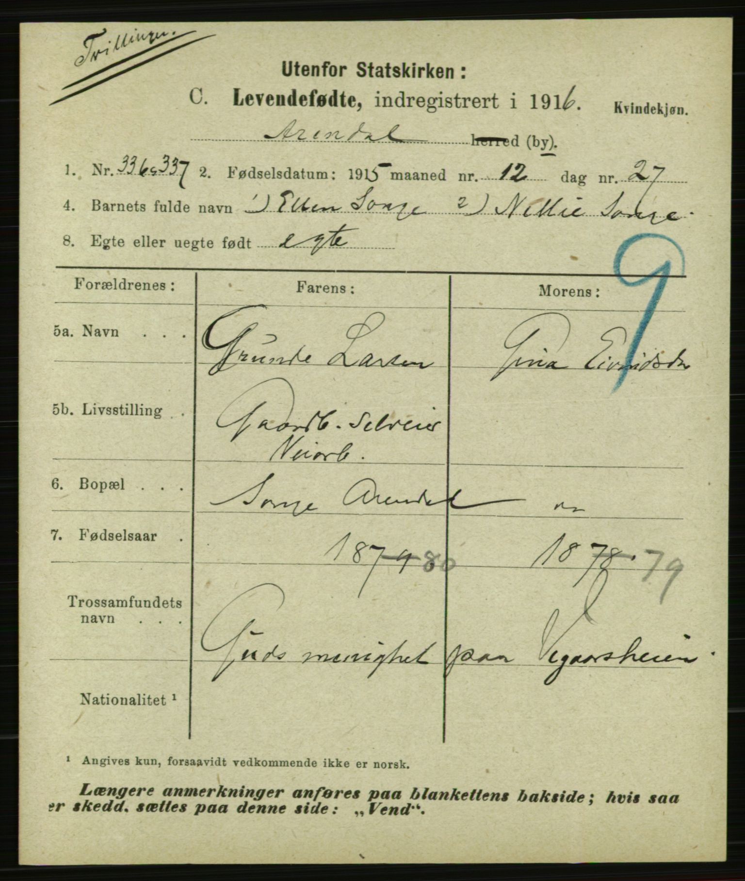 Statistisk sentralbyrå, Sosiodemografiske emner, Befolkning, AV/RA-S-2228/E/L0014: Fødte, gifte, døde dissentere., 1916, s. 2991