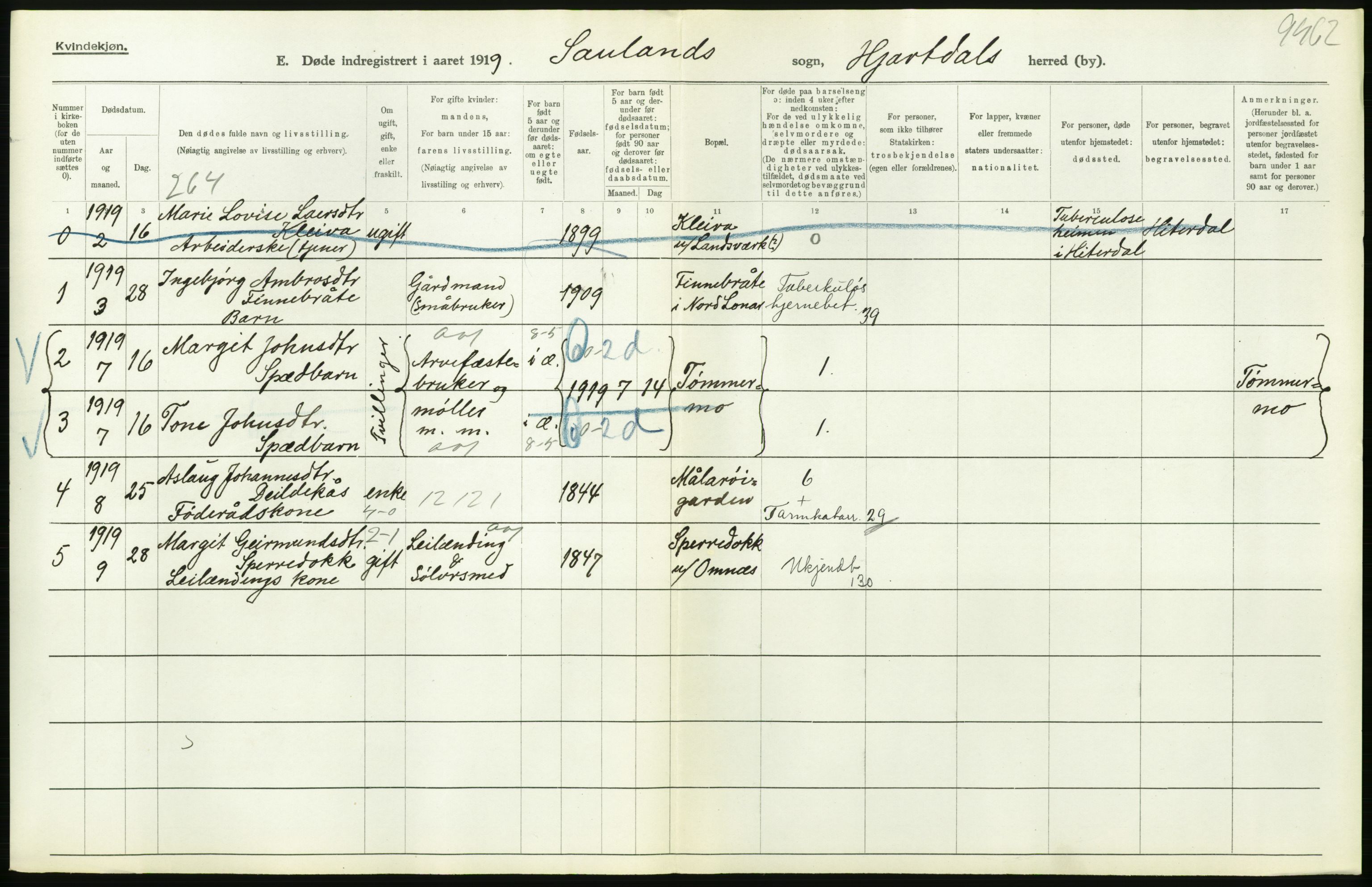 Statistisk sentralbyrå, Sosiodemografiske emner, Befolkning, AV/RA-S-2228/D/Df/Dfb/Dfbi/L0023: Telemark fylke: Døde. Bygder og byer., 1919, s. 306