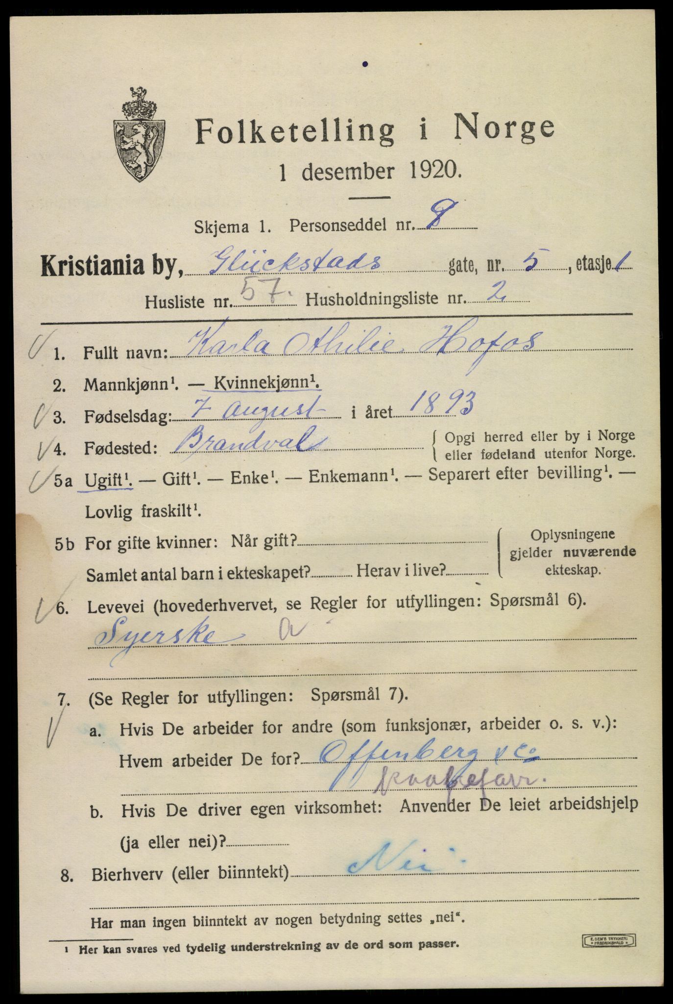 SAO, Folketelling 1920 for 0301 Kristiania kjøpstad, 1920, s. 250553