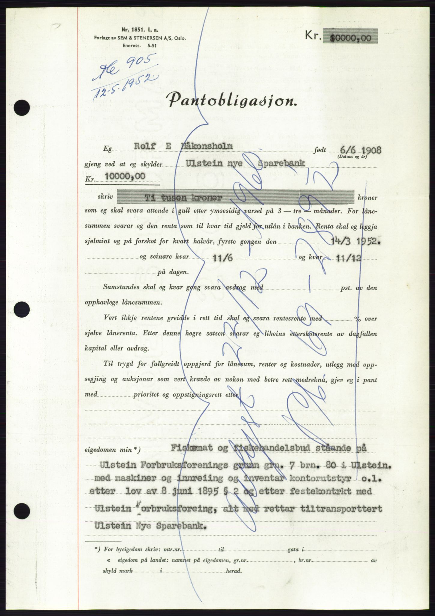 Søre Sunnmøre sorenskriveri, AV/SAT-A-4122/1/2/2C/L0121: Pantebok nr. 9B, 1951-1952, Dagboknr: 905/1952