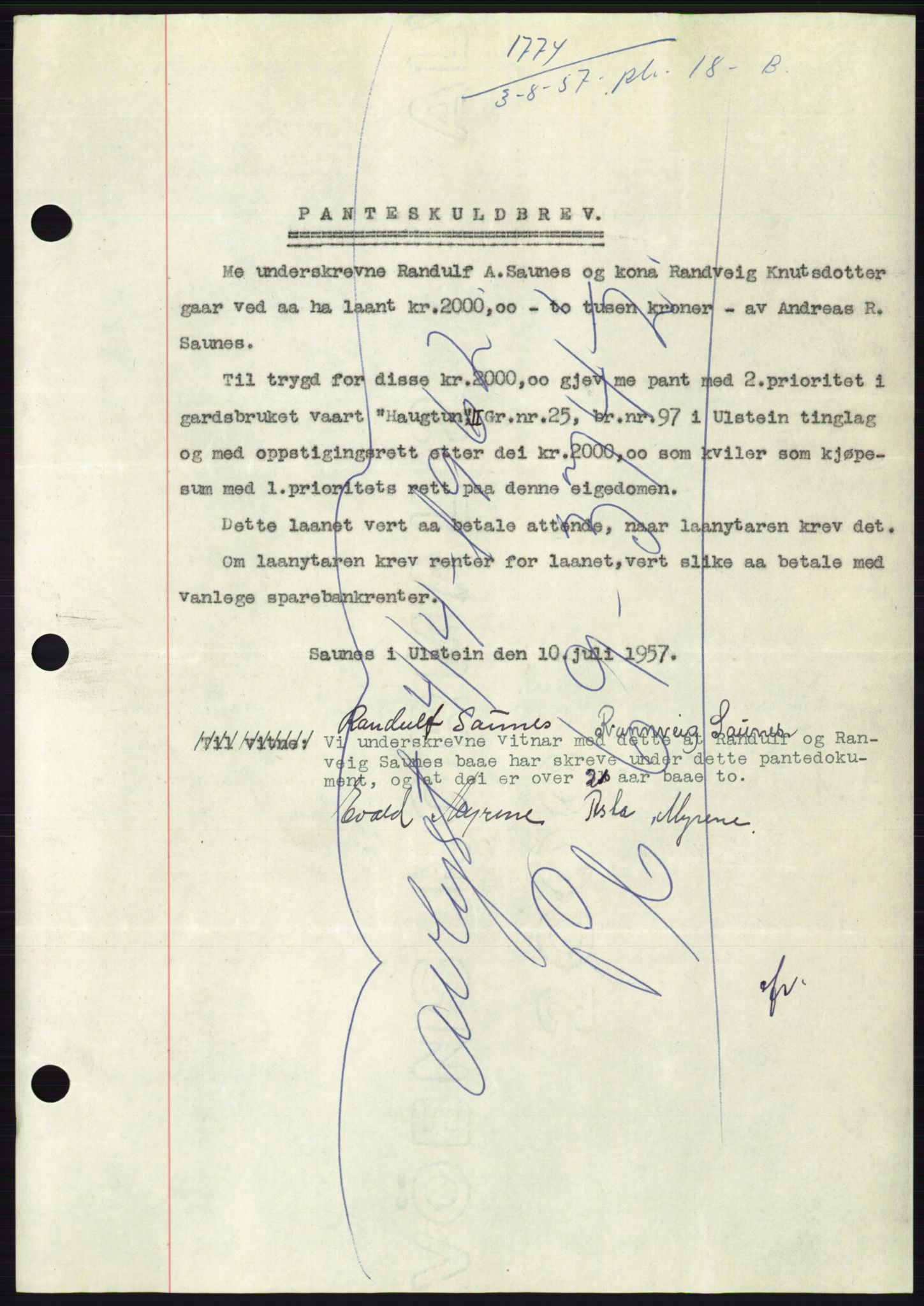 Søre Sunnmøre sorenskriveri, AV/SAT-A-4122/1/2/2C/L0130: Pantebok nr. 18B, 1957-1958, Dagboknr: 1774/1957