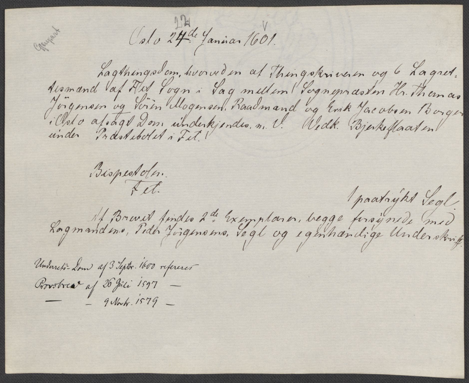 Riksarkivets diplomsamling, AV/RA-EA-5965/F15/L0008: Prestearkiv - Akershus, 1581-1619, s. 38