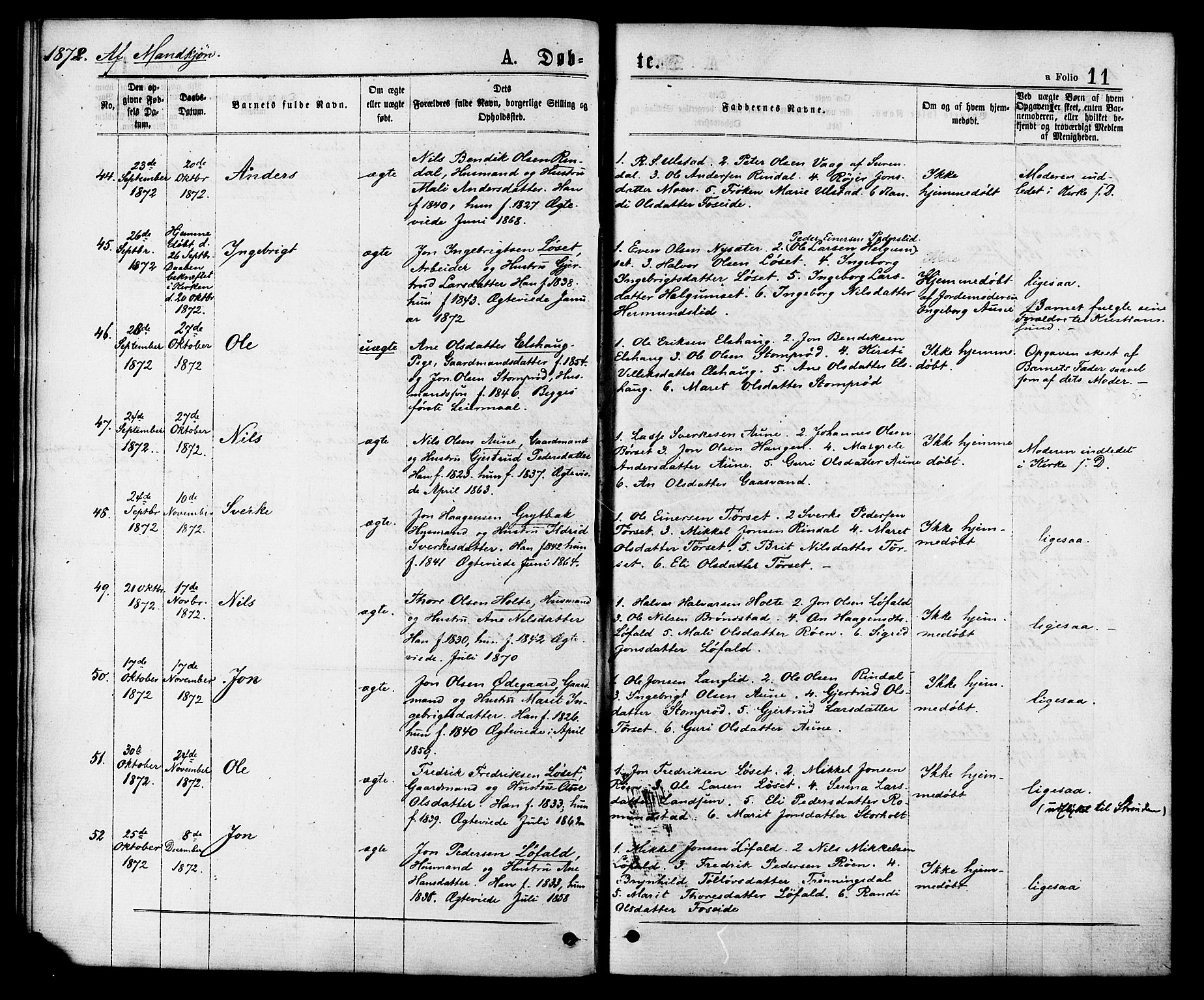 Ministerialprotokoller, klokkerbøker og fødselsregistre - Møre og Romsdal, SAT/A-1454/598/L1068: Ministerialbok nr. 598A02, 1872-1881, s. 11