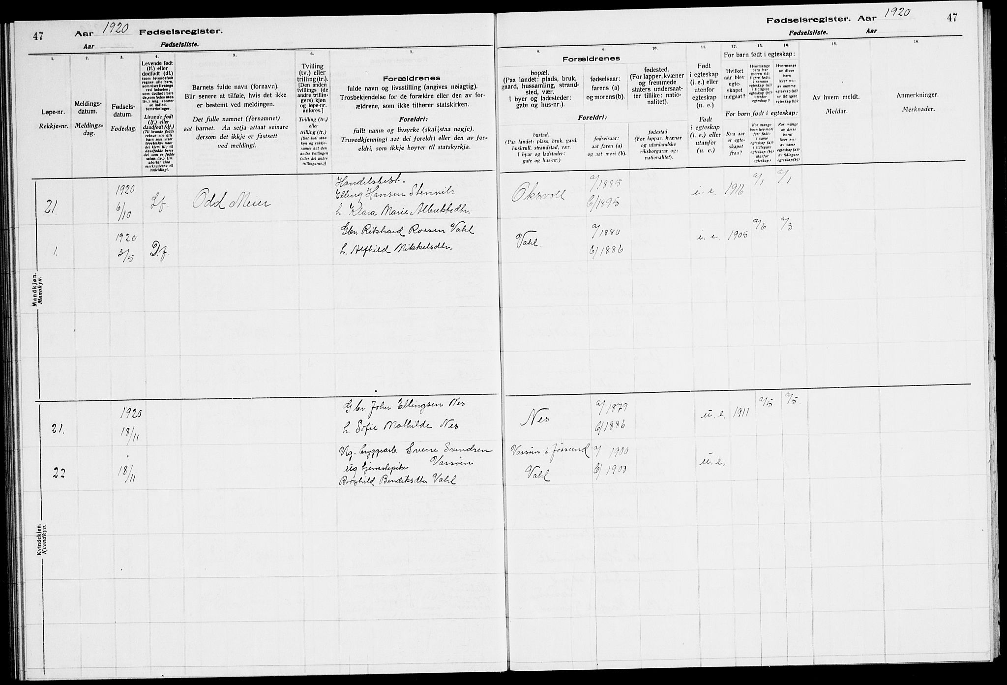 Ministerialprotokoller, klokkerbøker og fødselsregistre - Sør-Trøndelag, SAT/A-1456/651/L0650: Fødselsregister nr. 651.II.4.1, 1916-1923, s. 47