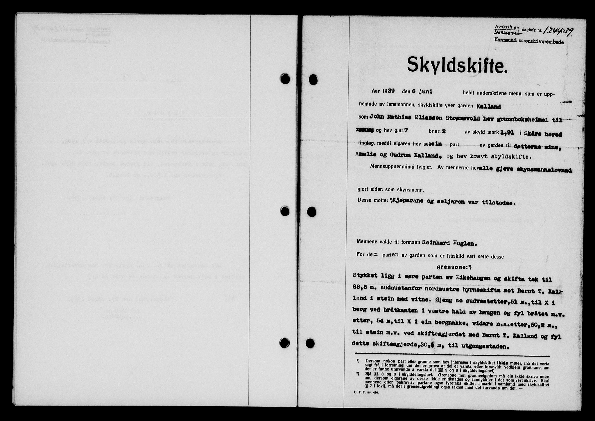 Karmsund sorenskriveri, SAST/A-100311/01/II/IIB/L0071: Pantebok nr. 52A, 1939-1939, Dagboknr: 1244/1939