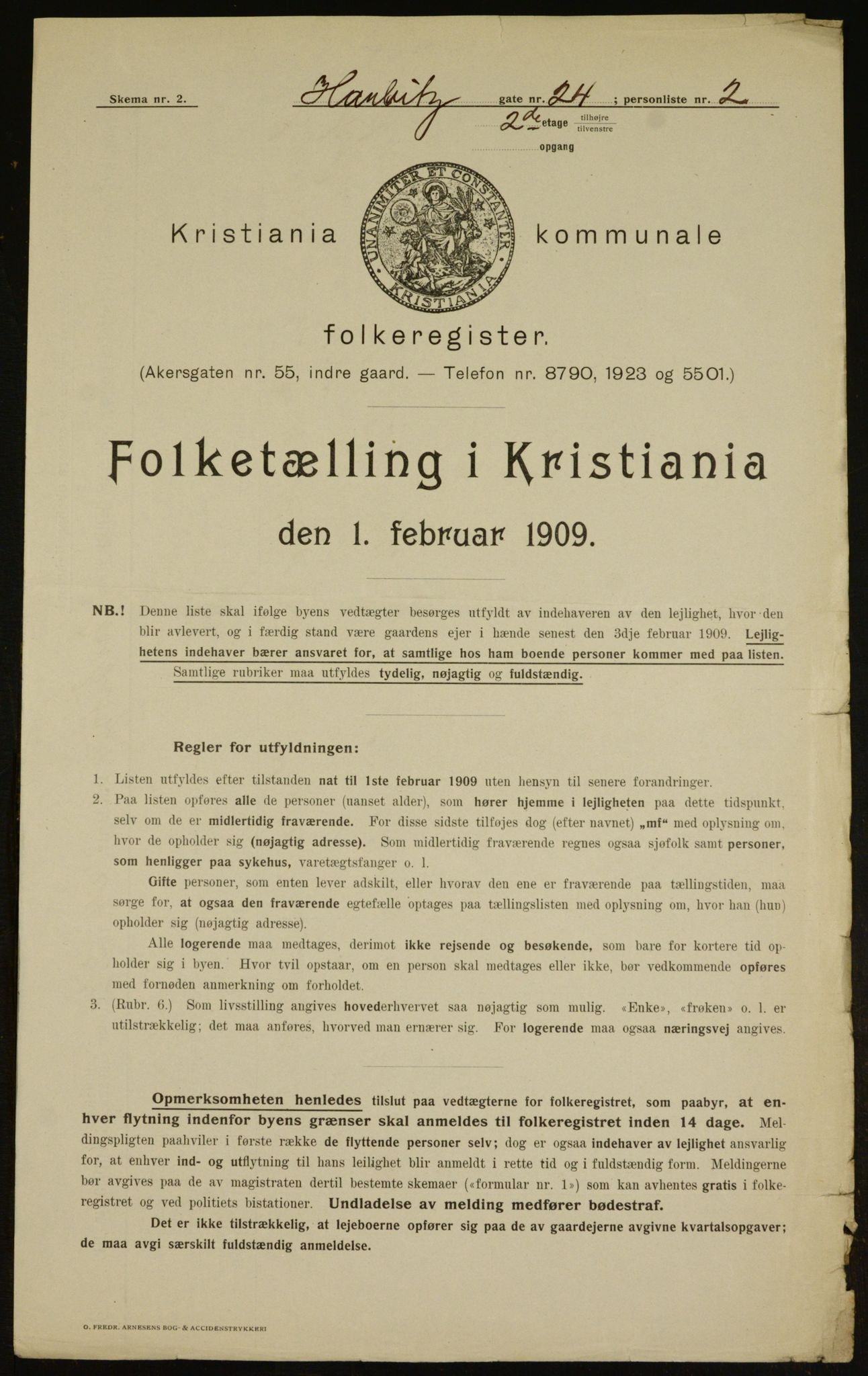 OBA, Kommunal folketelling 1.2.1909 for Kristiania kjøpstad, 1909, s. 73487