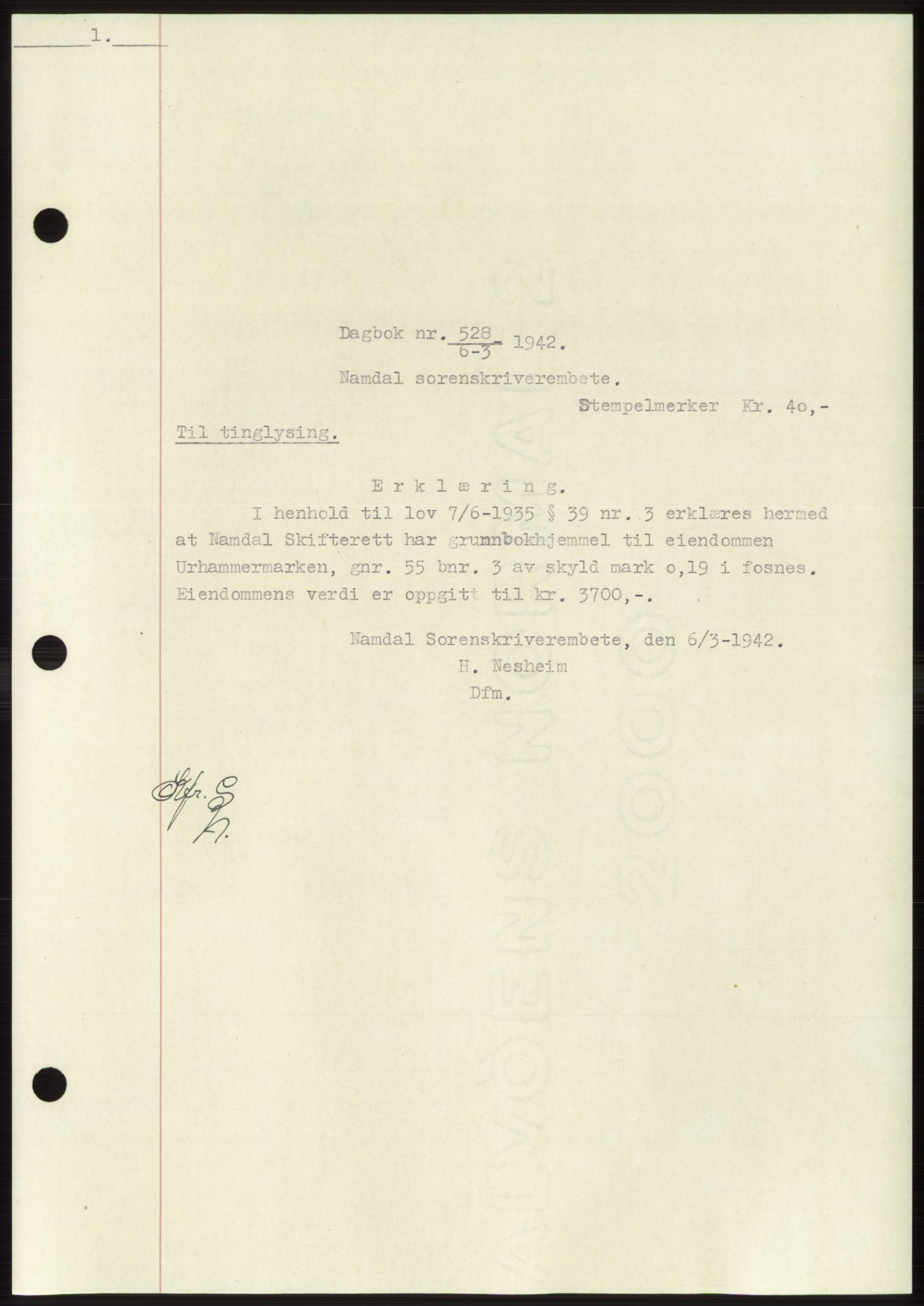 Namdal sorenskriveri, SAT/A-4133/1/2/2C: Pantebok nr. -, 1941-1942, Dagboknr: 528/1942