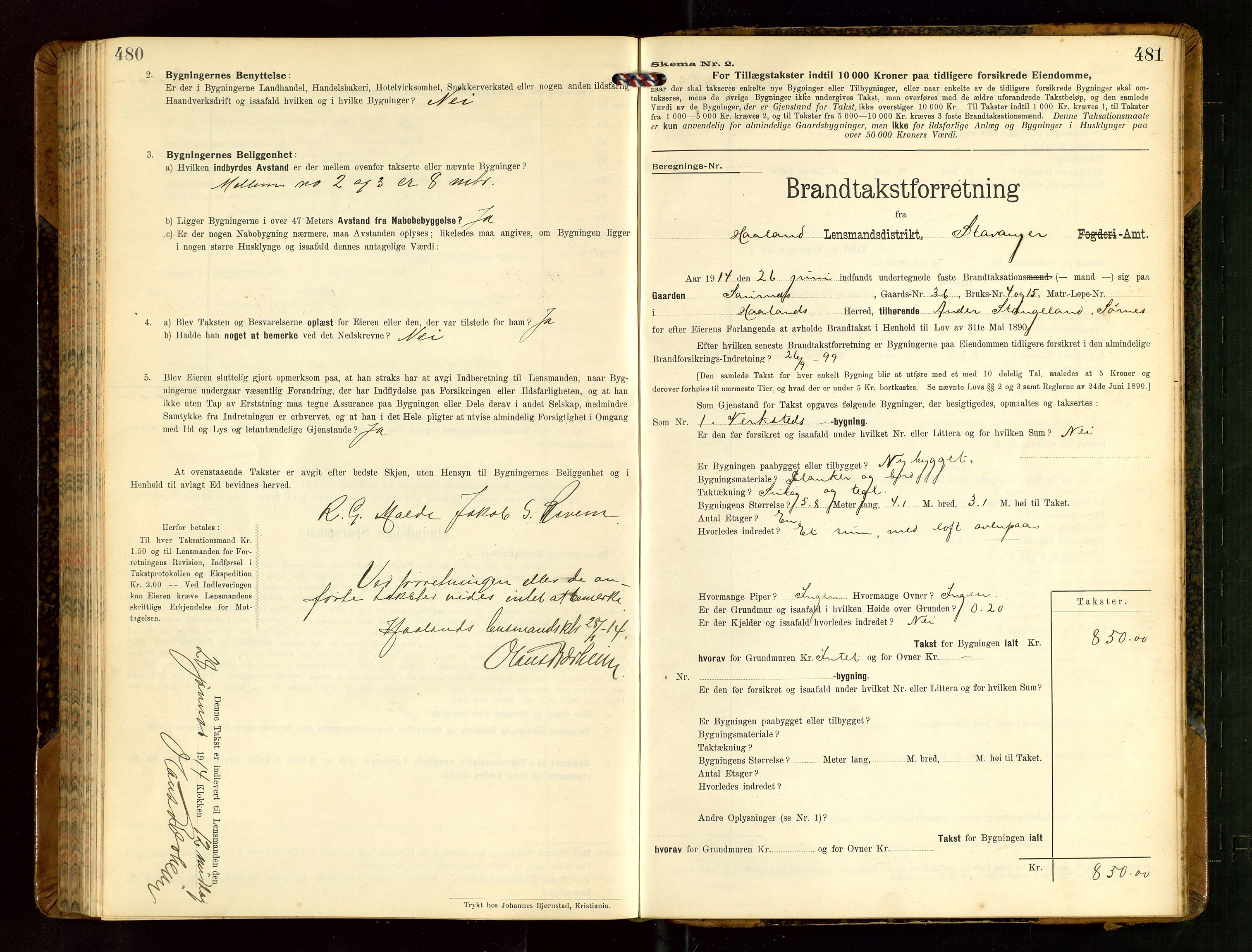 Håland lensmannskontor, AV/SAST-A-100100/Gob/L0004: Branntakstprotokoll - skjematakst. Register i boken., 1913-1915, s. 480-481