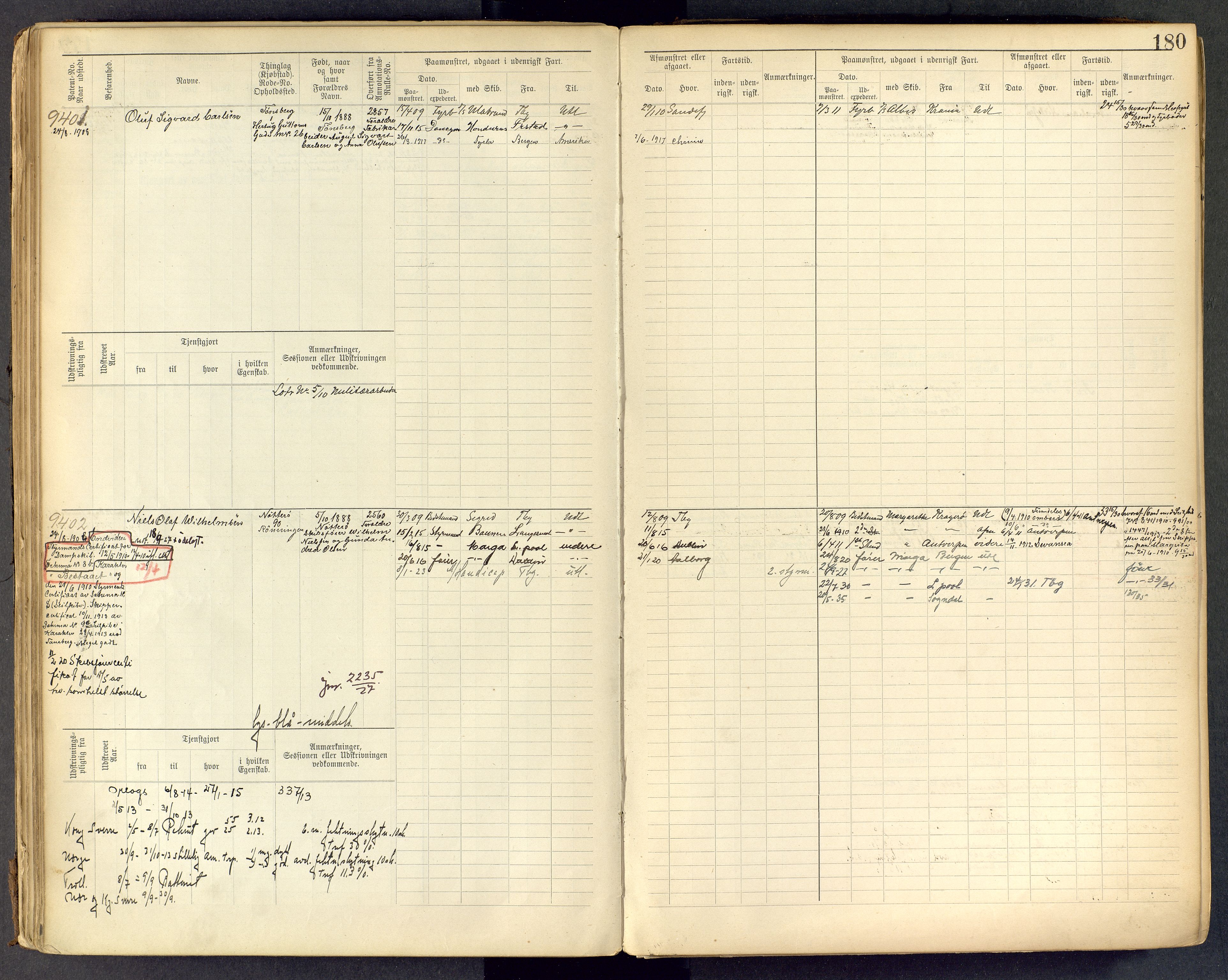 Tønsberg innrulleringskontor, SAKO/A-786/F/Fc/Fcb/L0009: Hovedrulle Patent nr. 9043-9992, 1900-1921, s. 180