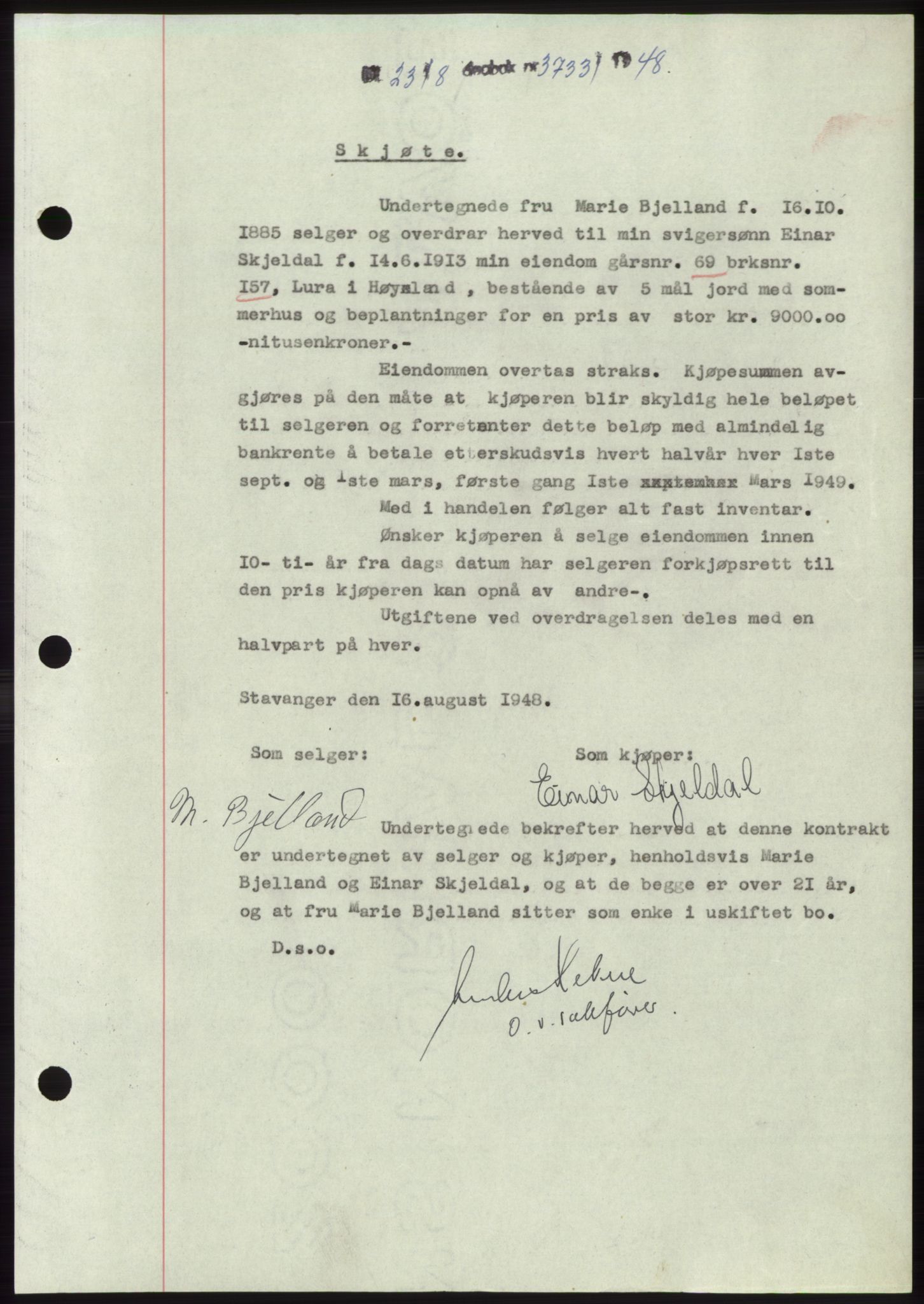 Jæren sorenskriveri, SAST/A-100310/03/G/Gba/L0099: Pantebok, 1948-1948, Dagboknr: 3733/1948
