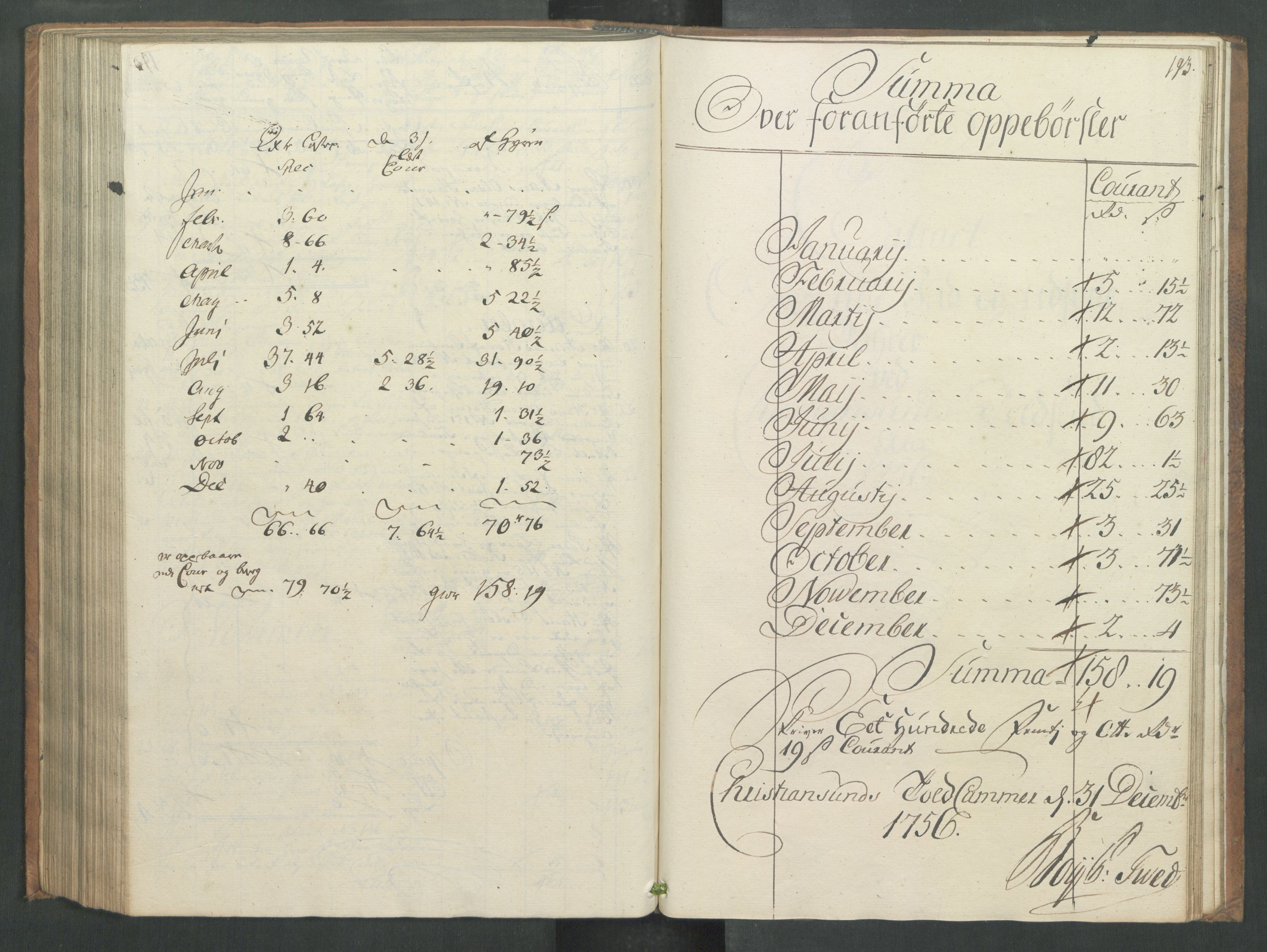 Generaltollkammeret, tollregnskaper, RA/EA-5490/R32/L0013/0001: Tollregnskaper Kristiansund / Hovedtollbok, 1756, s. 192b-193a