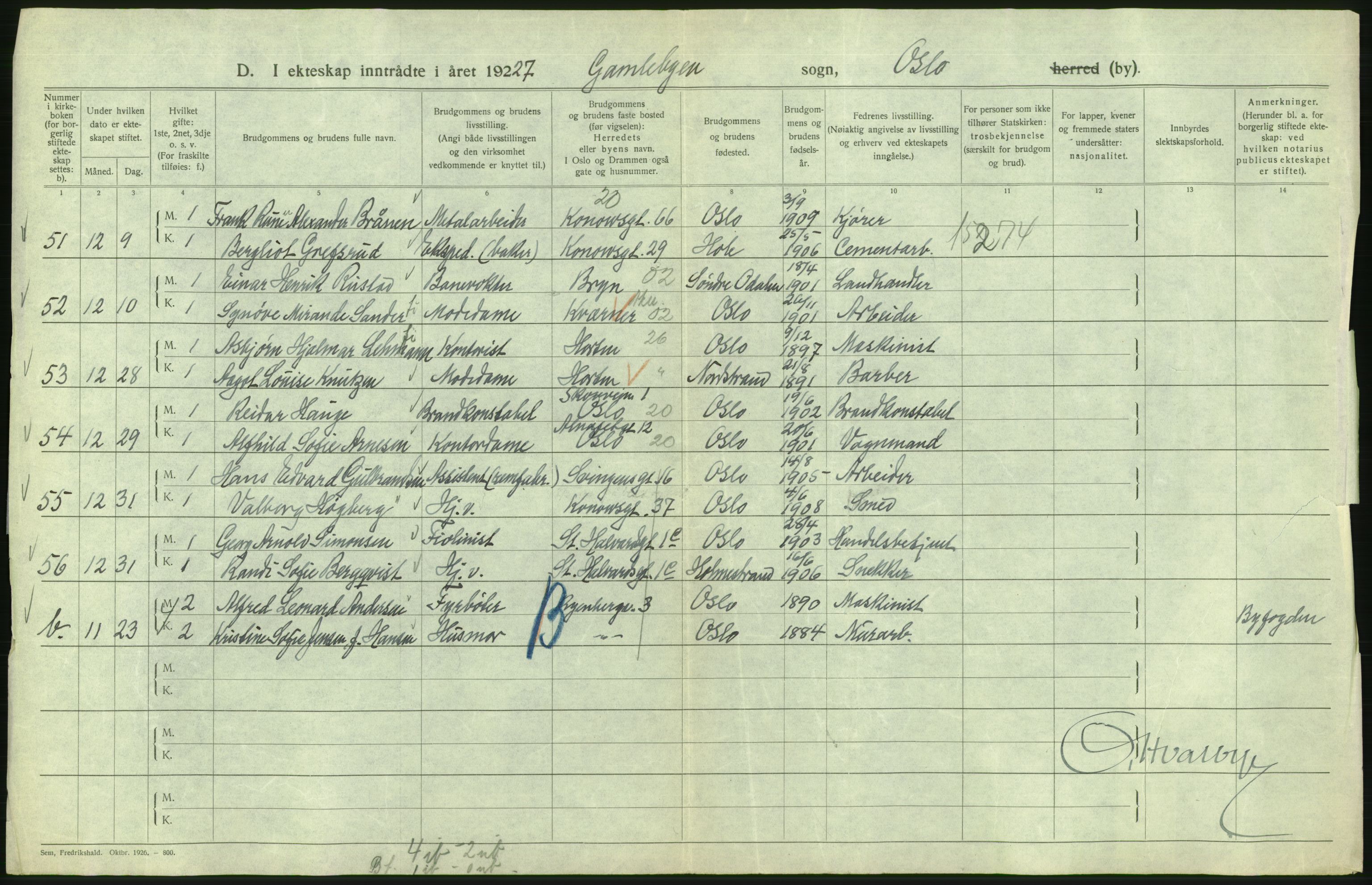 Statistisk sentralbyrå, Sosiodemografiske emner, Befolkning, AV/RA-S-2228/D/Df/Dfc/Dfcg/L0008: Oslo: Gifte, 1927, s. 580