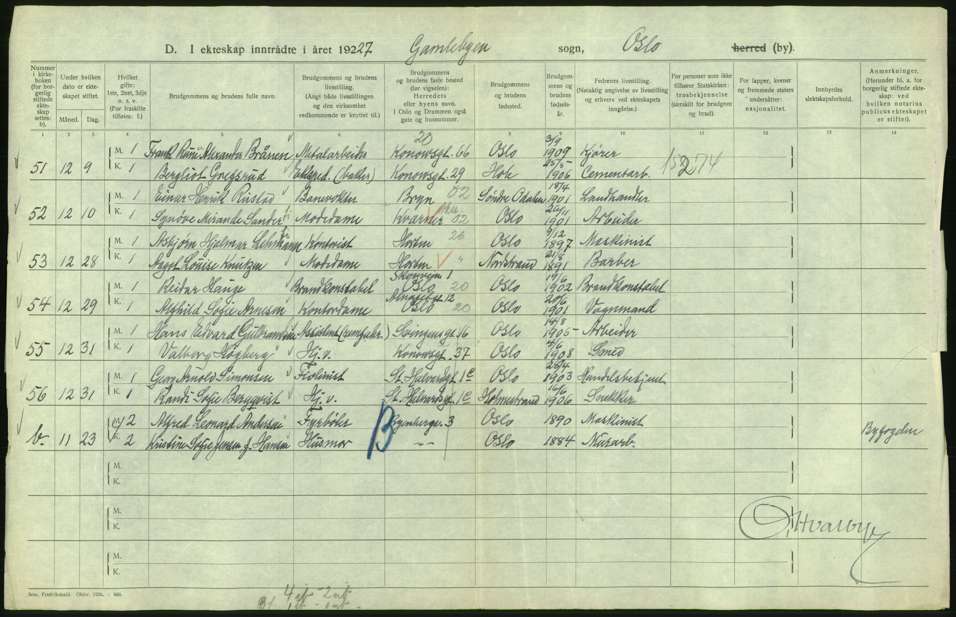 Statistisk sentralbyrå, Sosiodemografiske emner, Befolkning, RA/S-2228/D/Df/Dfc/Dfcg/L0008: Oslo: Gifte, 1927, s. 580