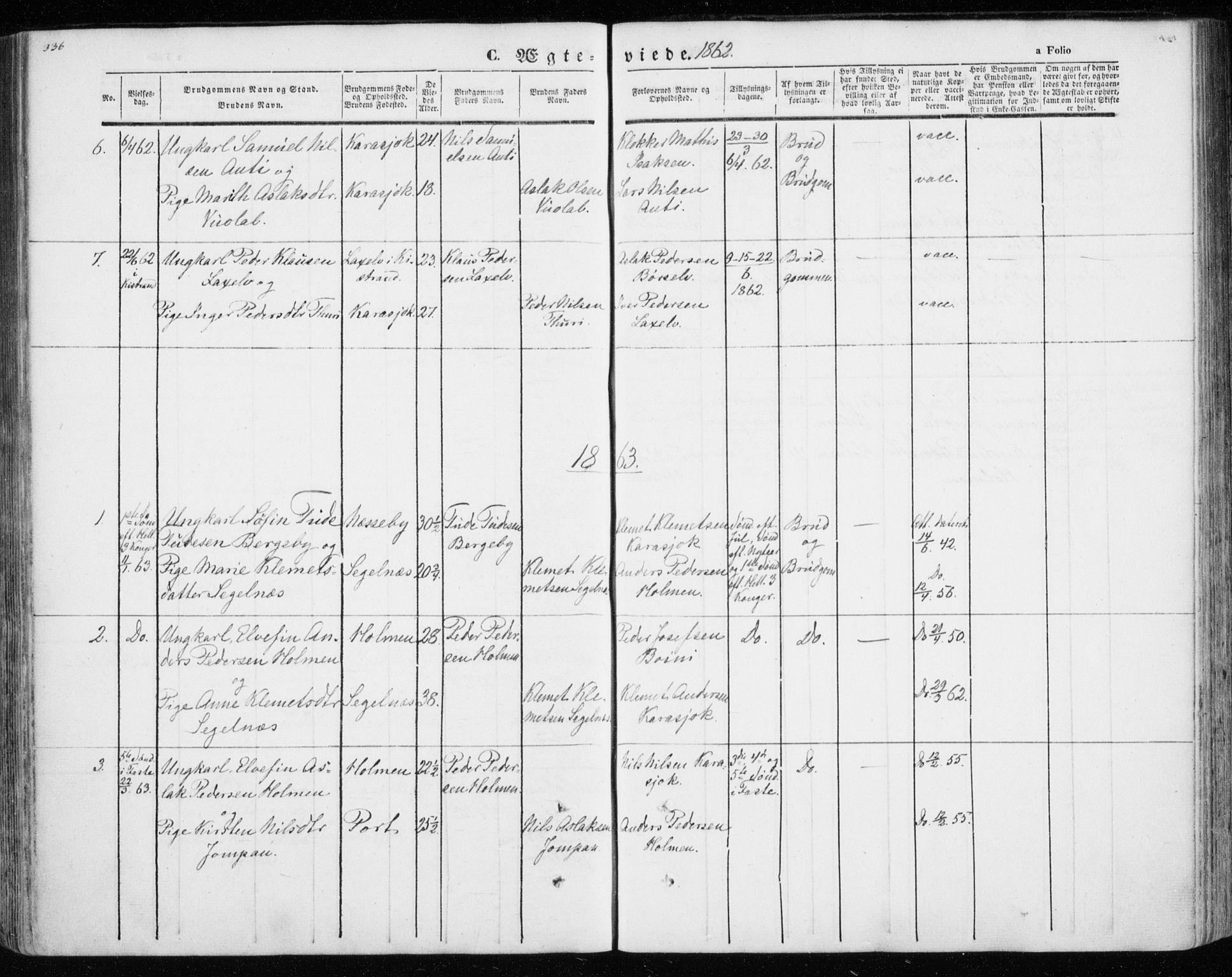 Kistrand/Porsanger sokneprestembete, AV/SATØ-S-1351/H/Ha/L0012.kirke: Ministerialbok nr. 12, 1843-1871, s. 336-337