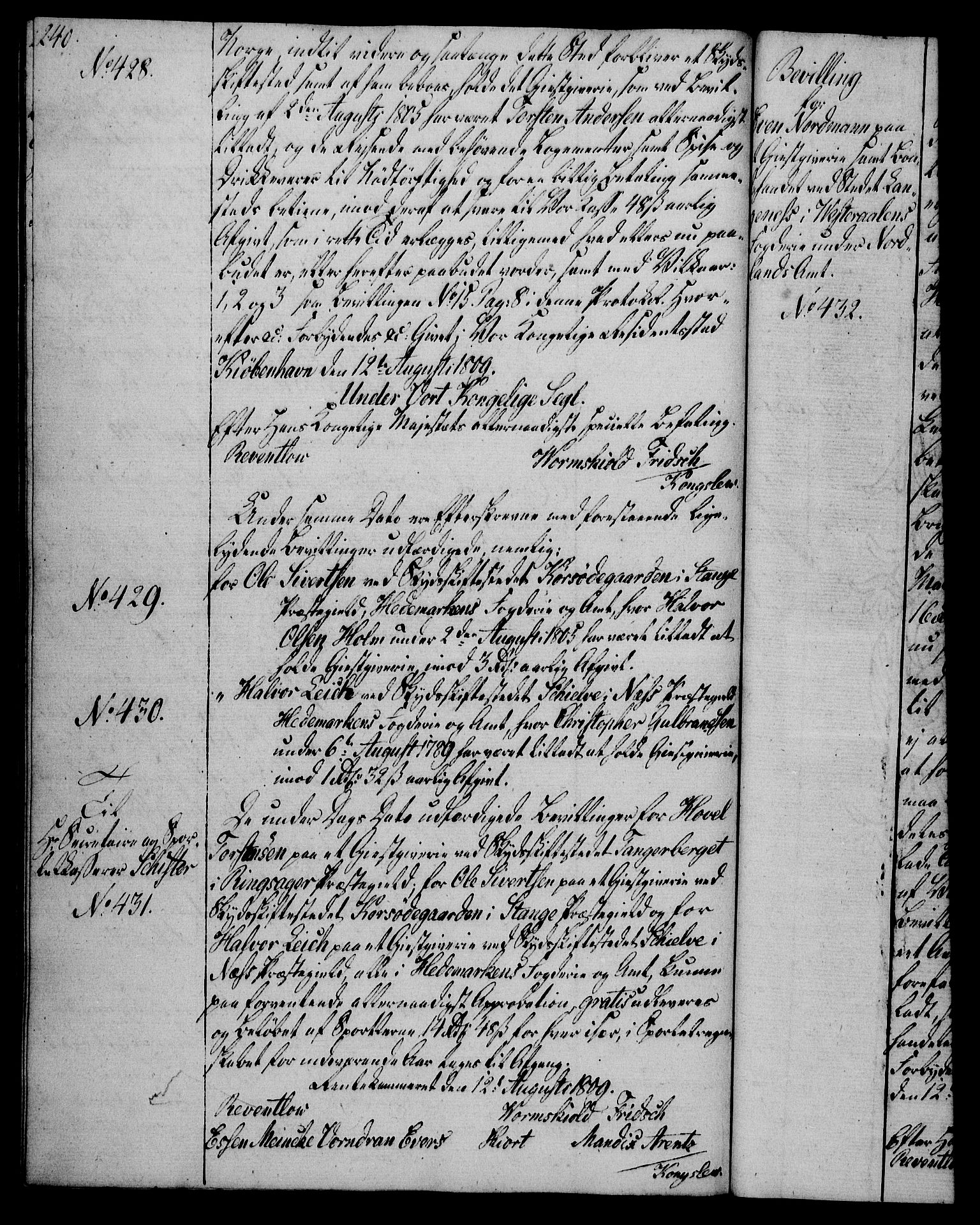 Rentekammeret, Kammerkanselliet, AV/RA-EA-3111/G/Gg/Gga/L0019: Norsk ekspedisjonsprotokoll med register (merket RK 53.19), 1807-1810, s. 240